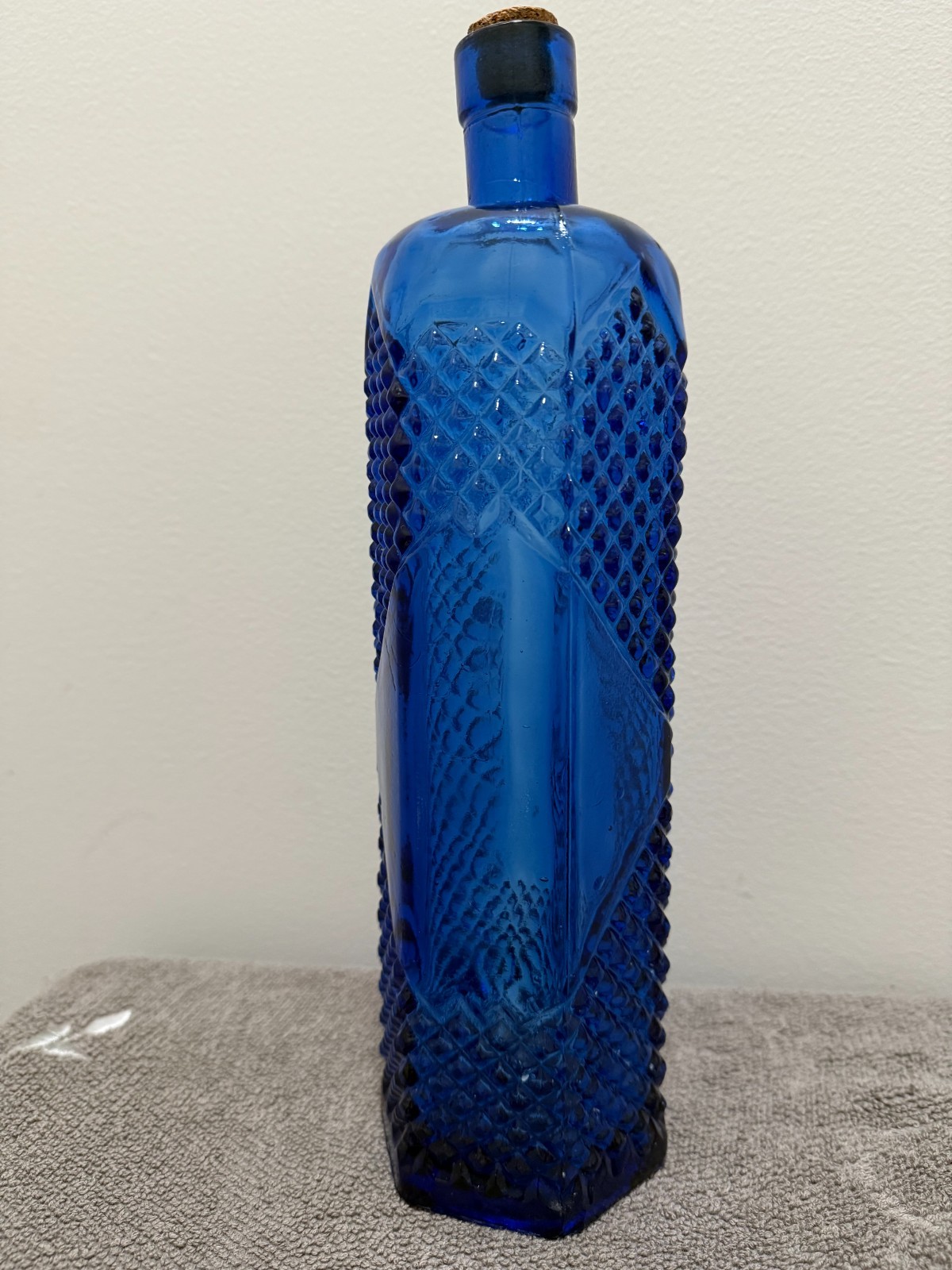 Vintage Cobalt Blue Mid Century Modern Diamond pattern Hexagon glass bottle.