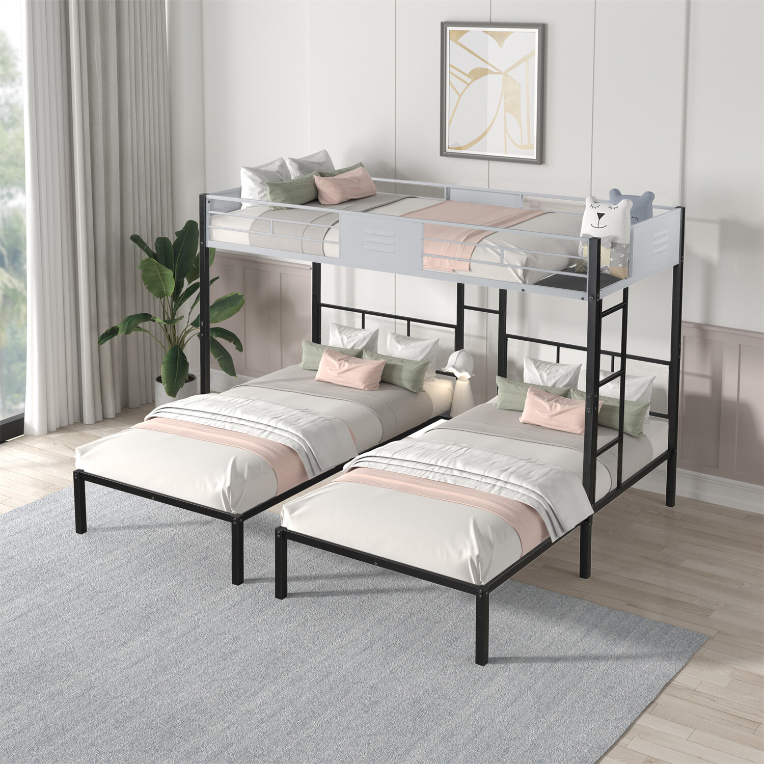 Twin Over Twin Over Twin Size Bunk Bed Metal Triple Bunk Bed Frame Black US