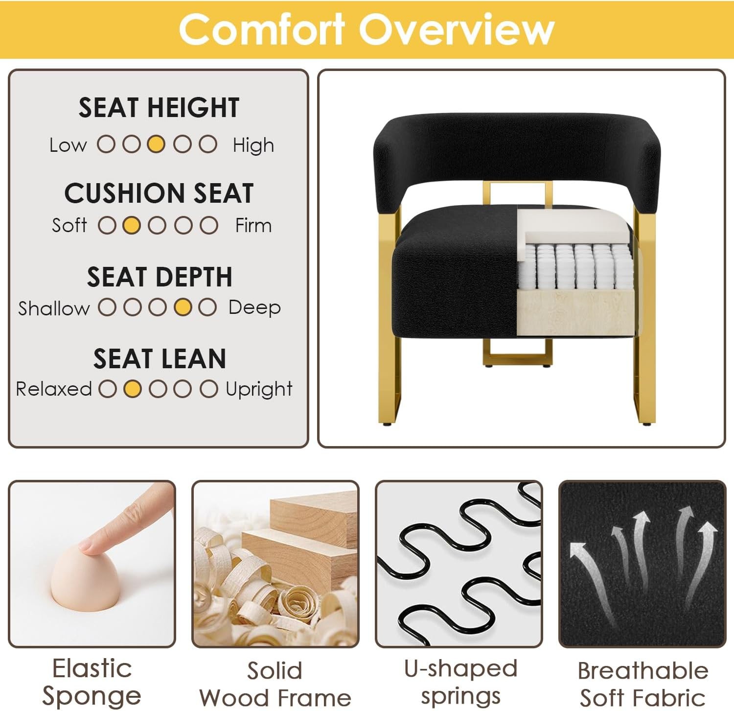 Modern Black and Gold Accent Chair Set of 2 Boucle Bucket Arm Chairs Bedroom