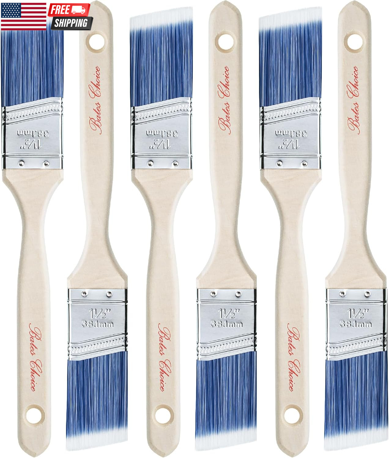 Bates- Paint Brushes, 6 Pack, 1.5", Treated Wood Handle Brushes for Walls | for