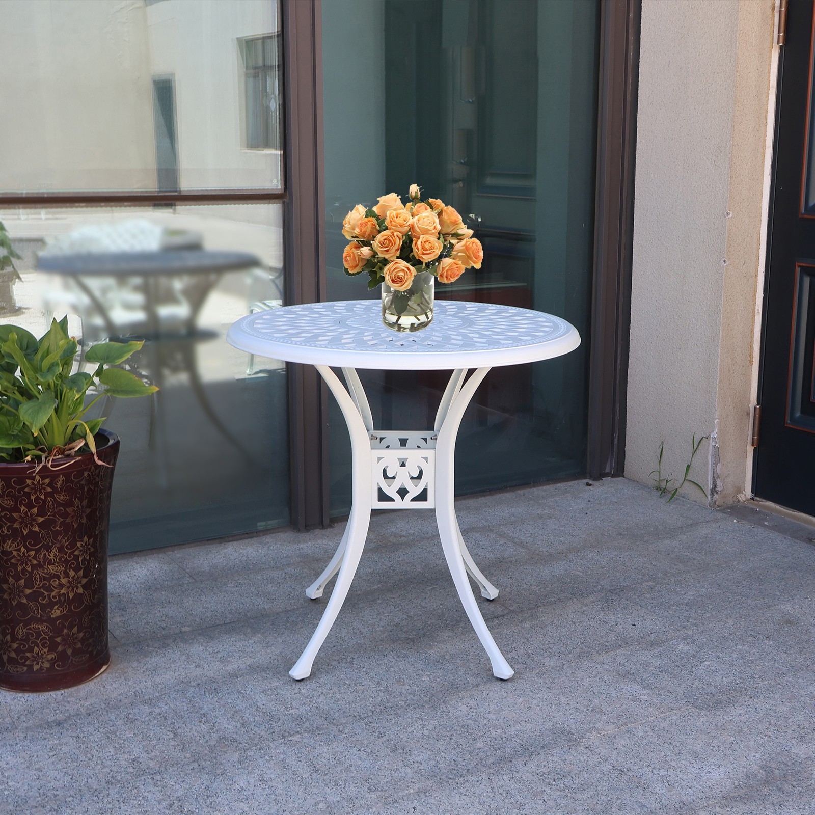 30 in Patio Table with Umbrella Hole Round Outdoor Table White Bistro Table