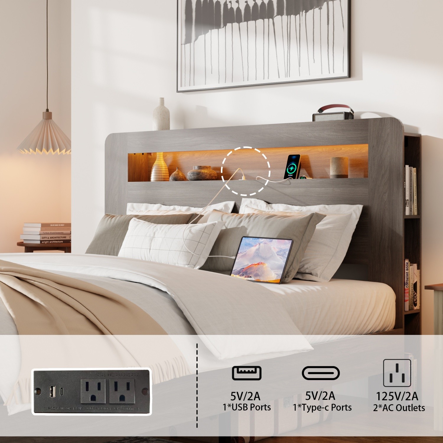 Full/Queen Size Wood Bed Frame w/ Storage LED Lights Headboard & USB Ports Gray
