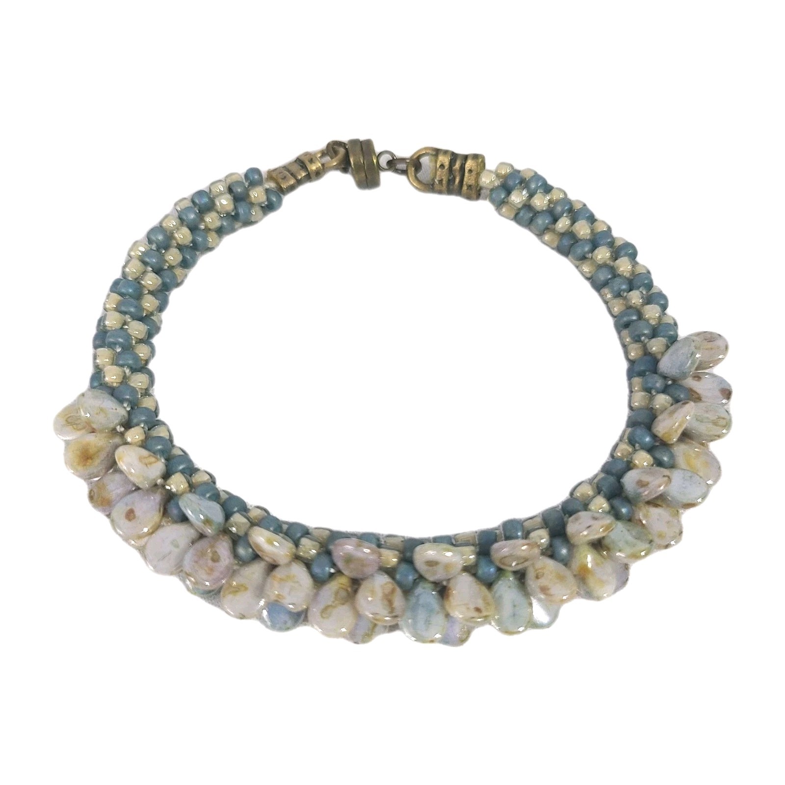 8" Blue & White Seed Lentil Beaded Bracelet Magnetic Clasp Stone / Shell Look