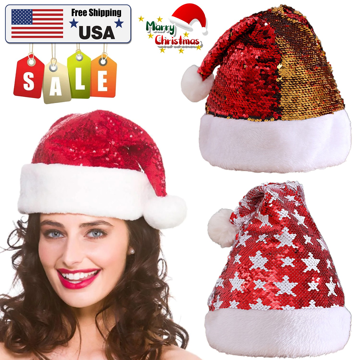 2*Reversible Santa Hat with Red & Green Sequins Sparkling Glitter Flip Christmas