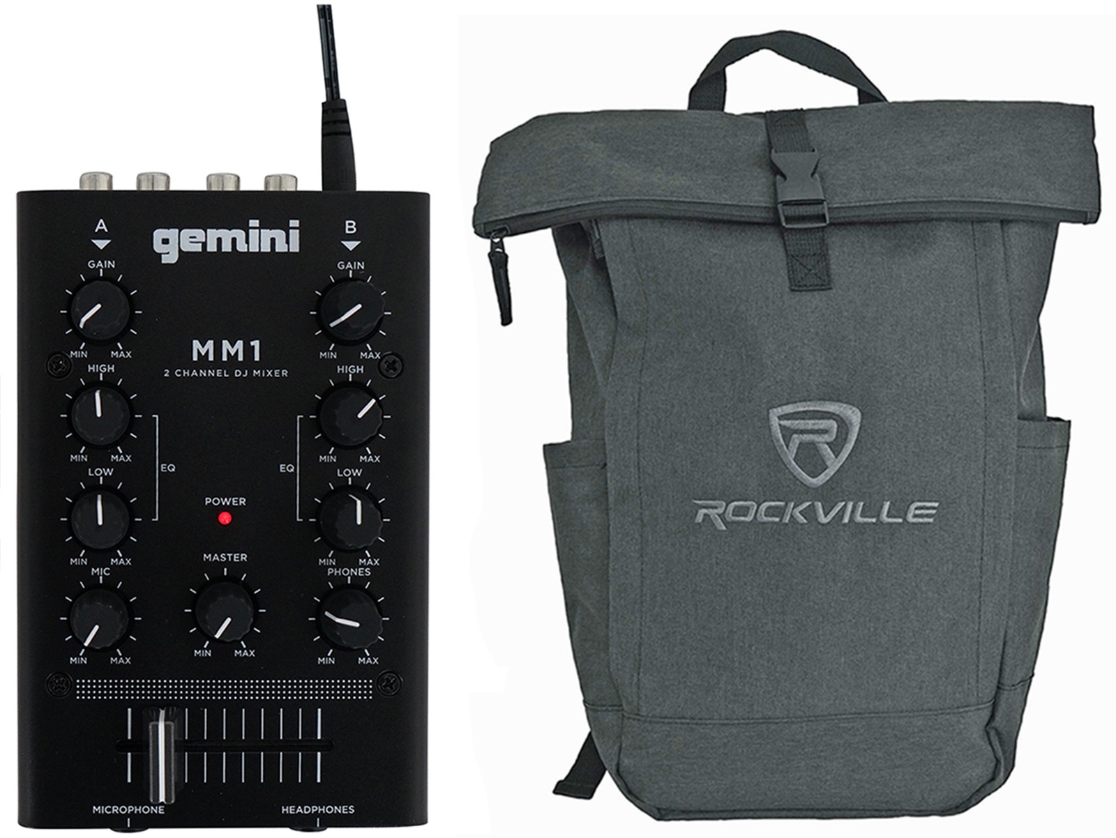 Gemini MM1 Pocket-Sized 2-Channel DJ Mixer w/ 2-Band EQ+Laptop Backpack