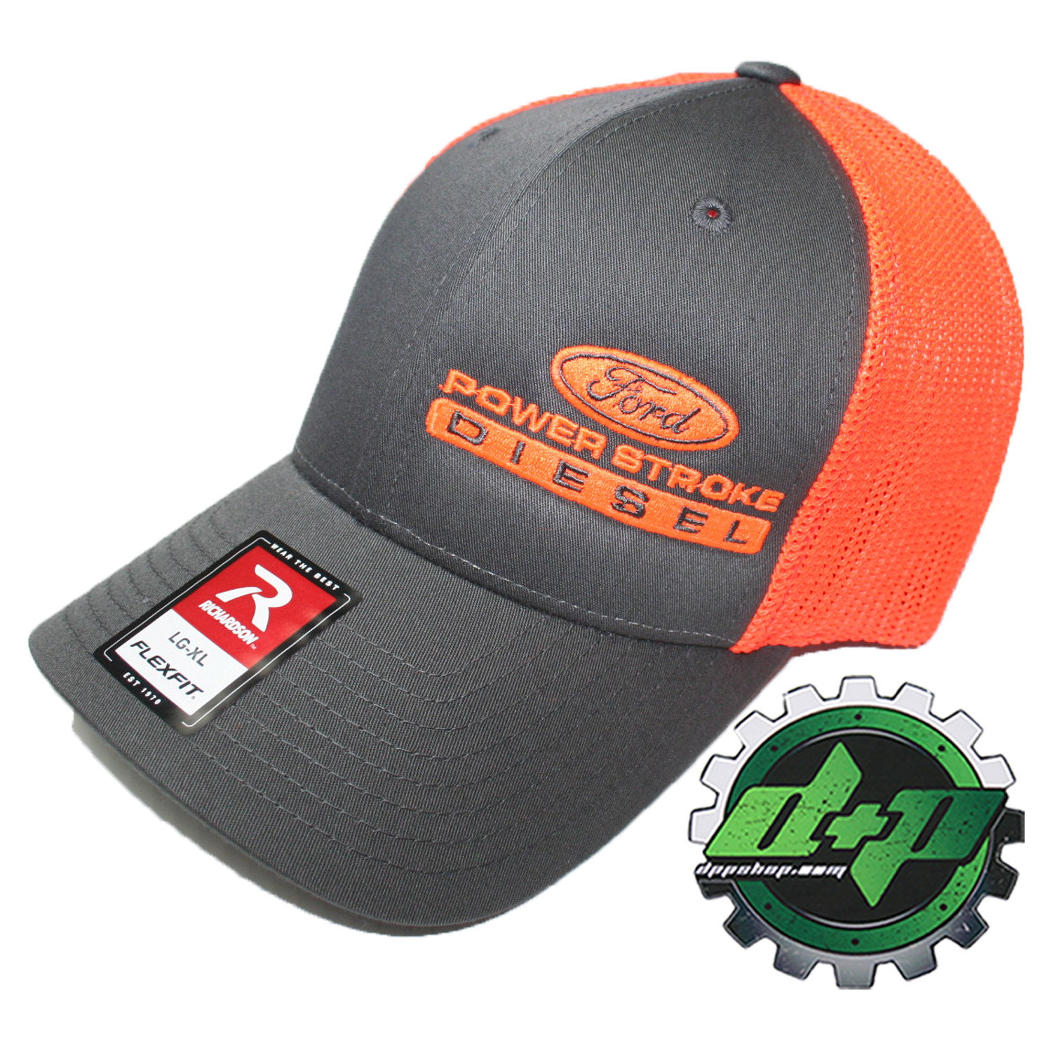 Ford Powerstroke trucker hat richardson Charcoal Gray Orange mesh flex fit lg/xl