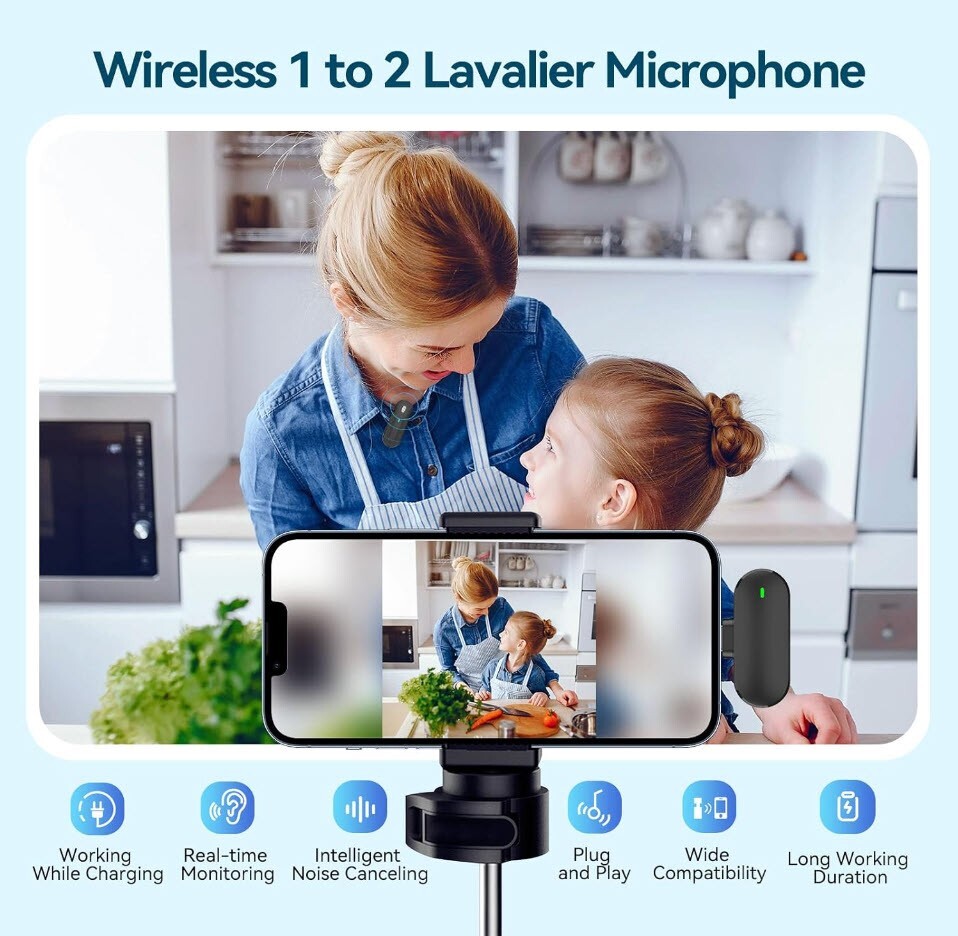 2PK Wireless Lavalier Microphone, Clip for iPhone w/600mAh Charging Case