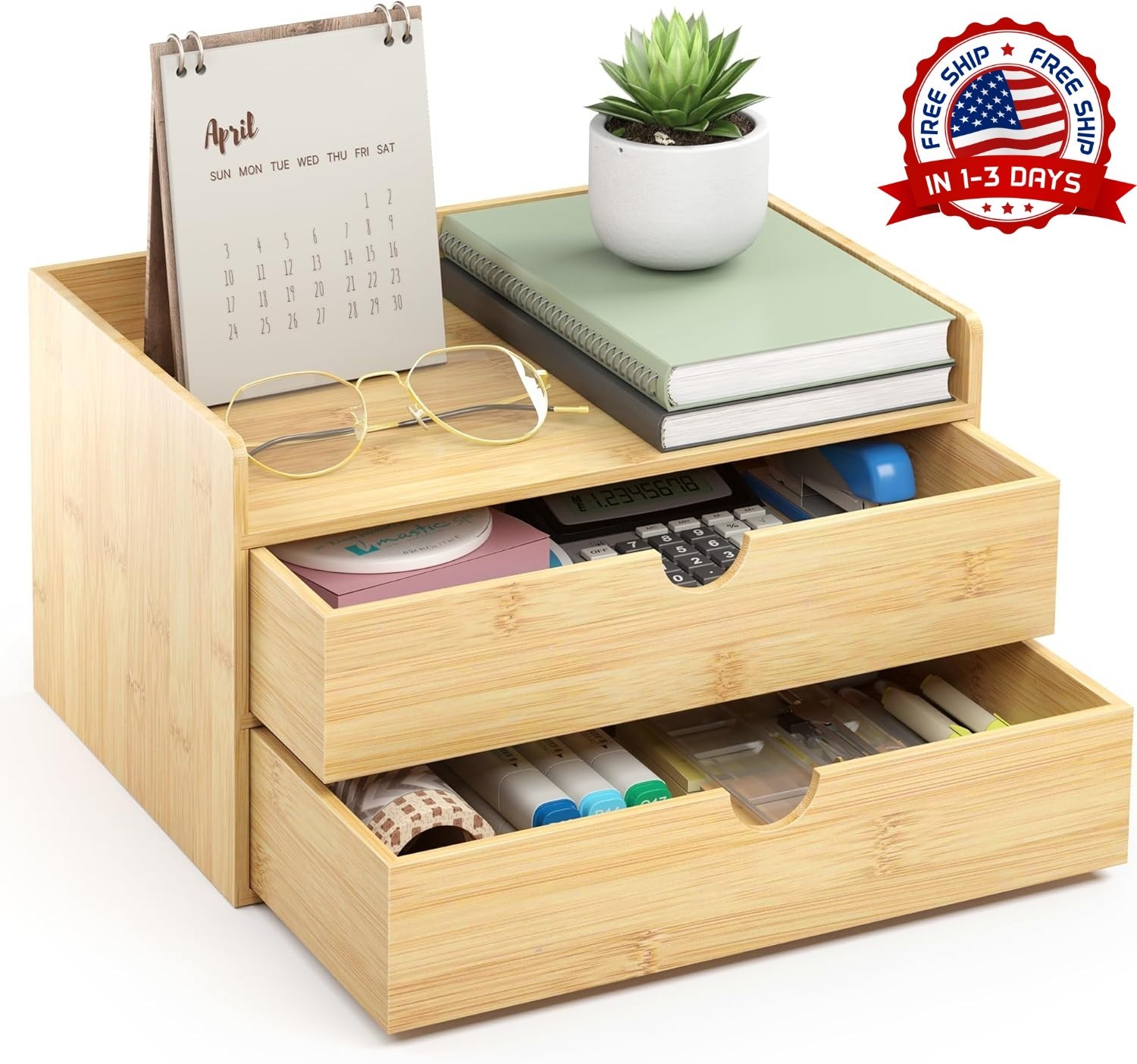 Mini cajón de escritorio de bambú para organizar cosméticos y artículos de mesa.