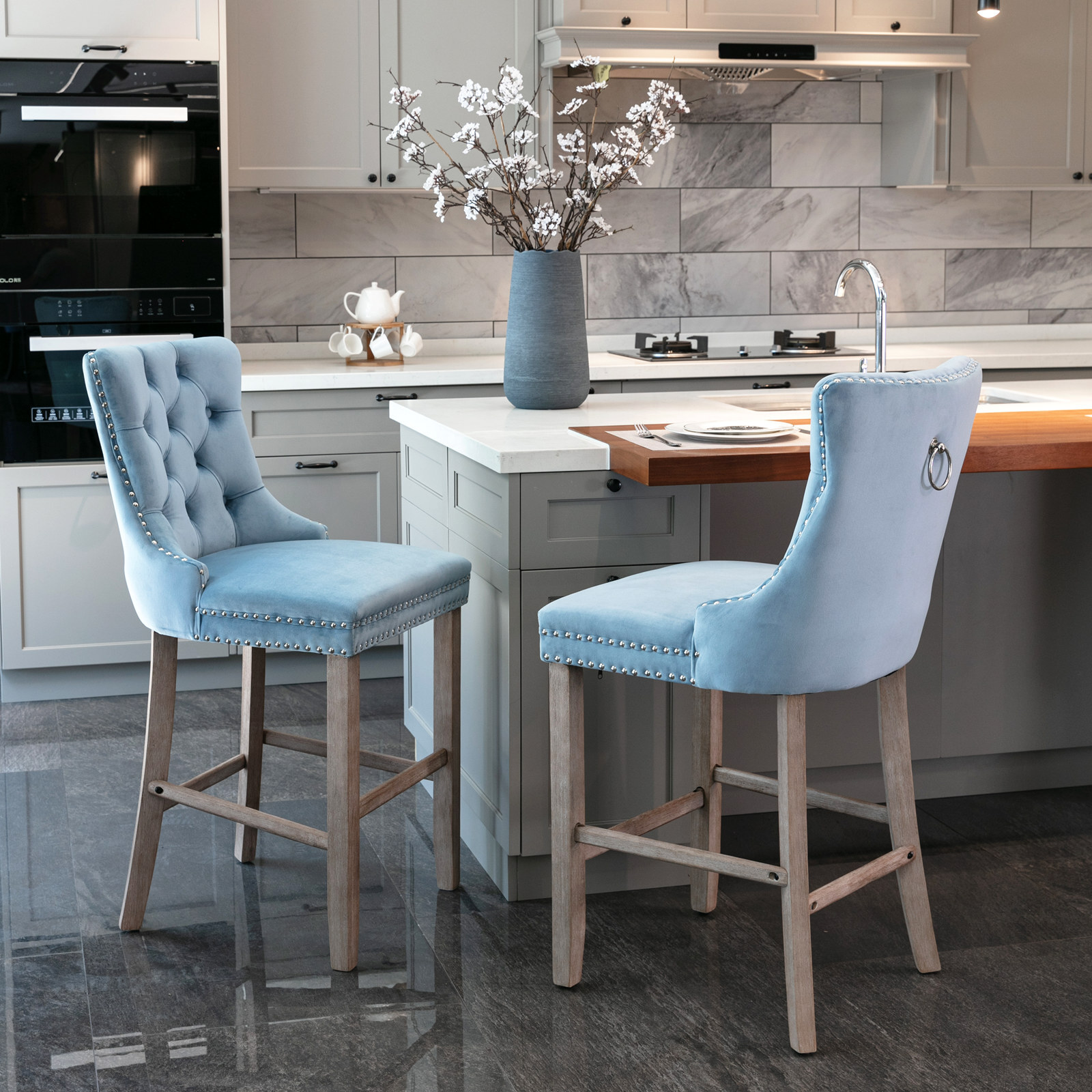 2 Set Velvet Barstools Kitchen Counter Pub Bar Stools Chairs Button Tufted Blue
