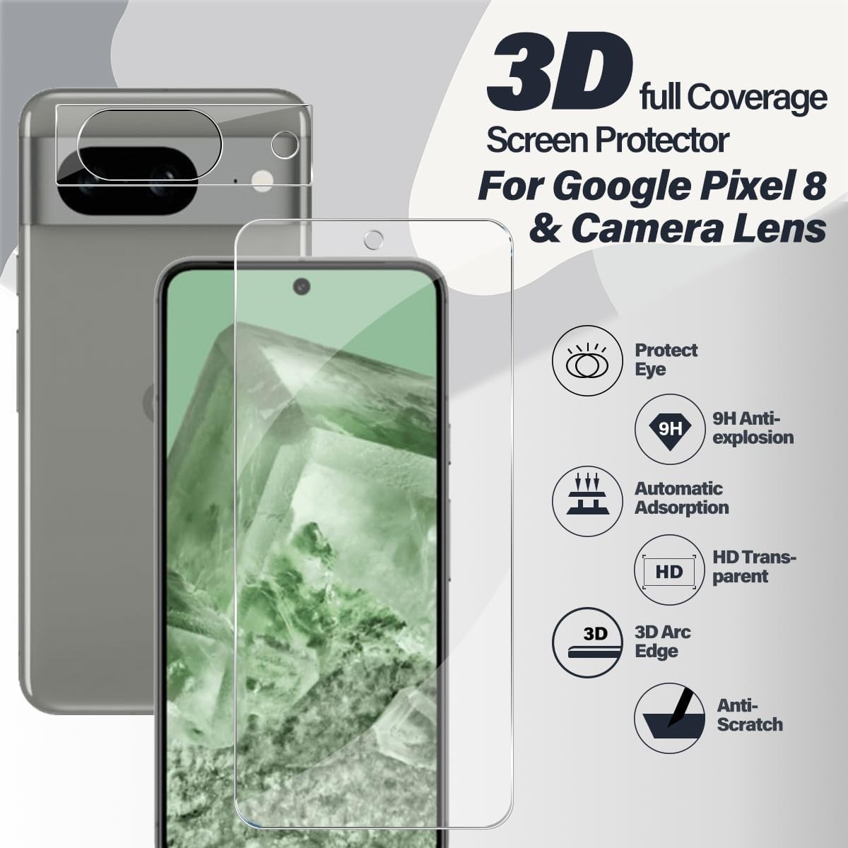 Pixel 8 Tempered Glass Screen Protector + Camera Lens Protector [ 2 + 2 Pack ][F