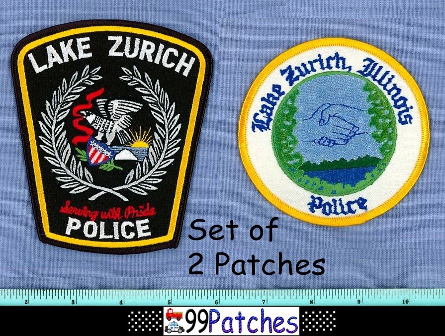 LAKE ZURICH (2 Patches LOT OLD+) ILLINOIS Police Shoulder Patch HANDSHAKE LAKE 9