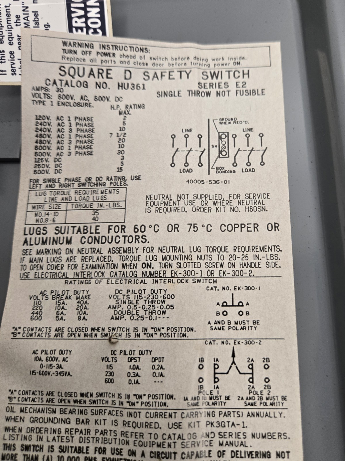 SQUARE D SAFETY SWITCH HU361. 30 A, 600V.