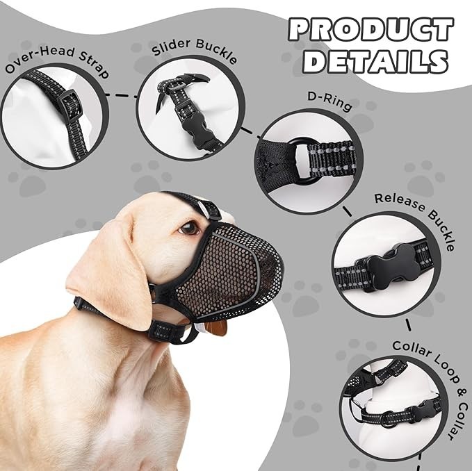 Mesh Soft Muzzle for Small Medium Large Sized Dogs, Breathable Reflective Adjust