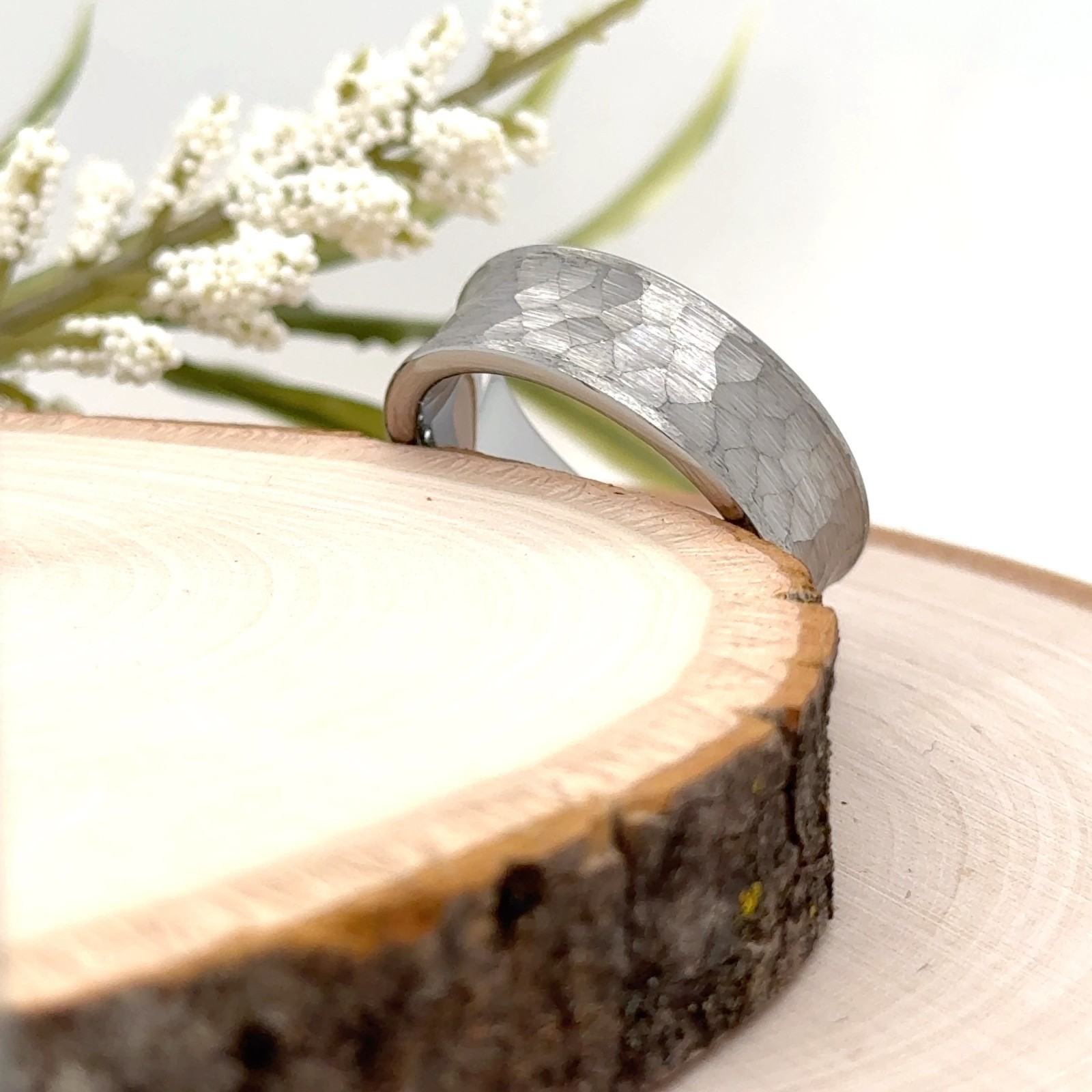 8mm Silver Tungsten Carbide Ring Brushed Faceted Design Unisex Durable Band