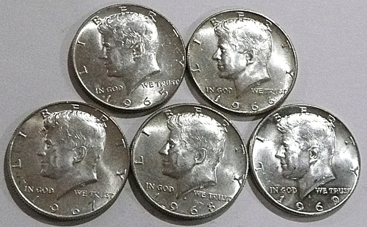 Lot of 5 Kennedy Half Dollars 1965 1966 1967 1968 1969   AU/AU+  40% Silver Coin
