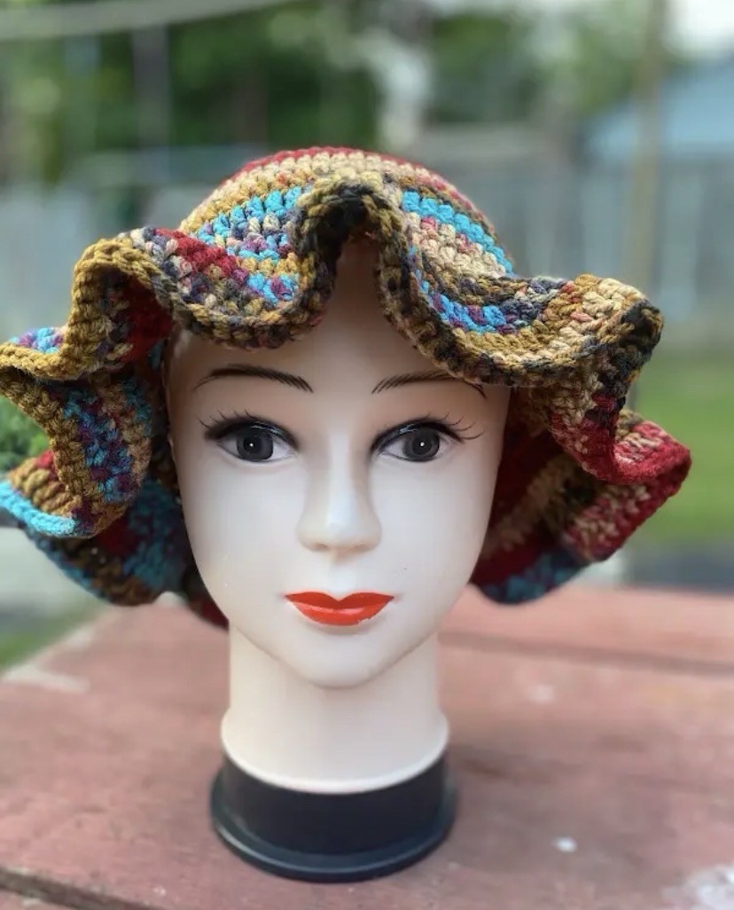 Handmade Crocheted Bucket Hat Multicolor Striped Ruffle Brim
