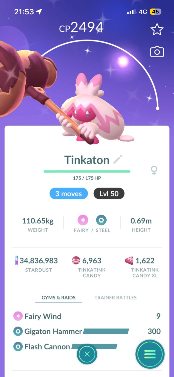 Pokémon Trade Go Level 50-Shiny Tinkaton 3 Moves Legacy Ultra League