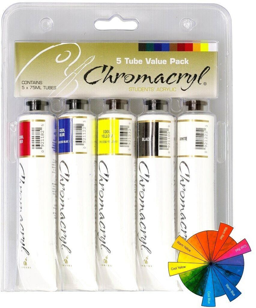 CHROMACRYL Acrylic Paint 5x75ml Tubes Starter Set Cool Primary Colours White ++