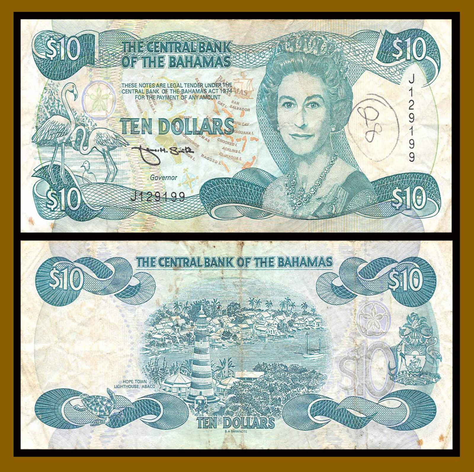 Bahamas 10 Dollars, (L.1974) 1992 P-53 Queen Elizabeth II Signature Smith (Cir)