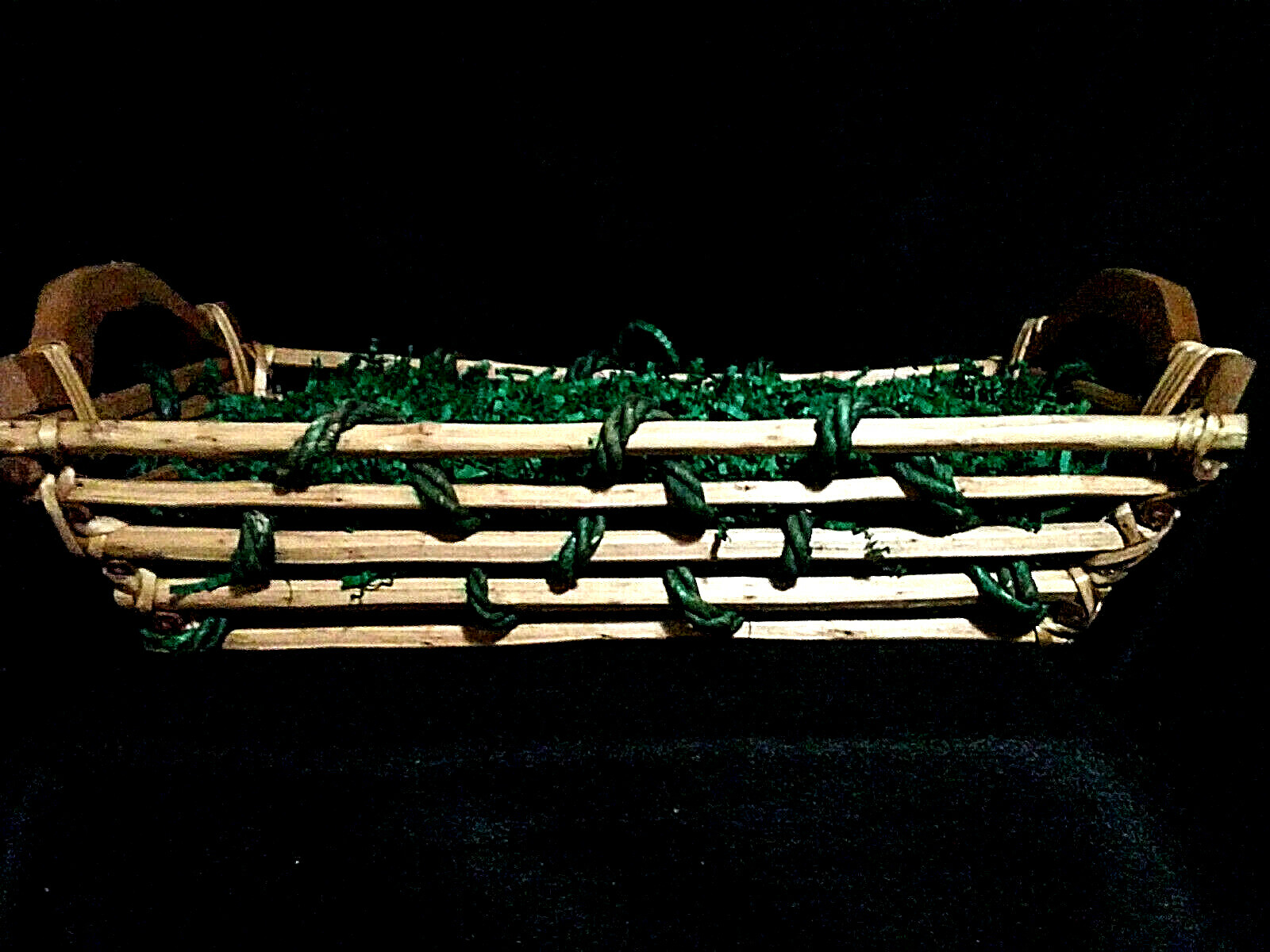 Rectangular Basket Light stain Free standing 2 Handle Green rope 10 x 17 Display