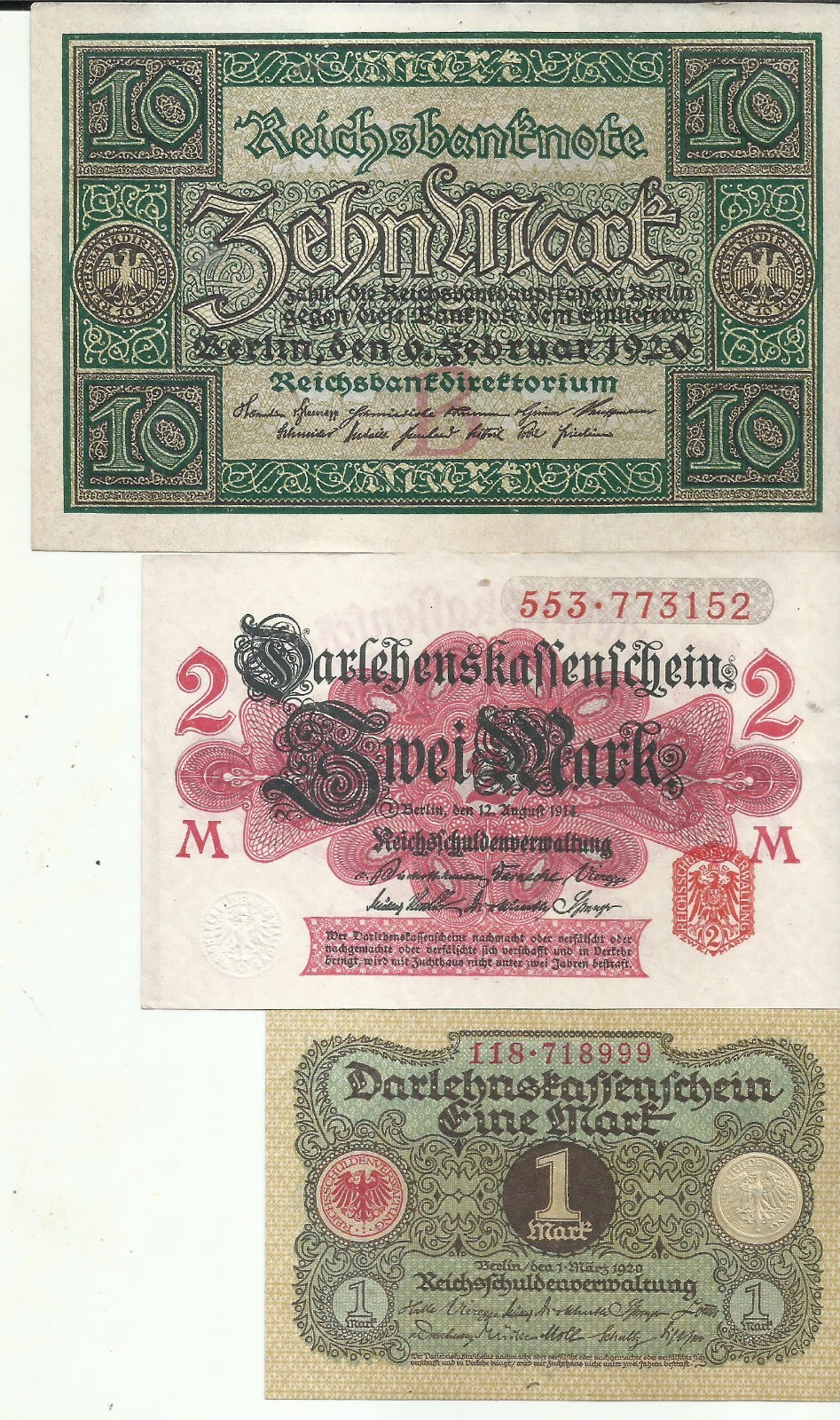 GERMANY LOT 1-2-10 MARKS 1914-1920. UNC CONDITION. 2RW 10NOV