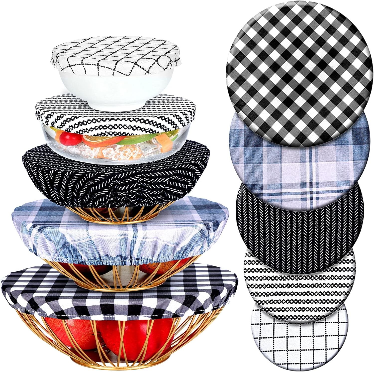 10 Pcs Bowl Covers Reusable in 5 Size Stretch Cloth Fabric Elastic Food Storage