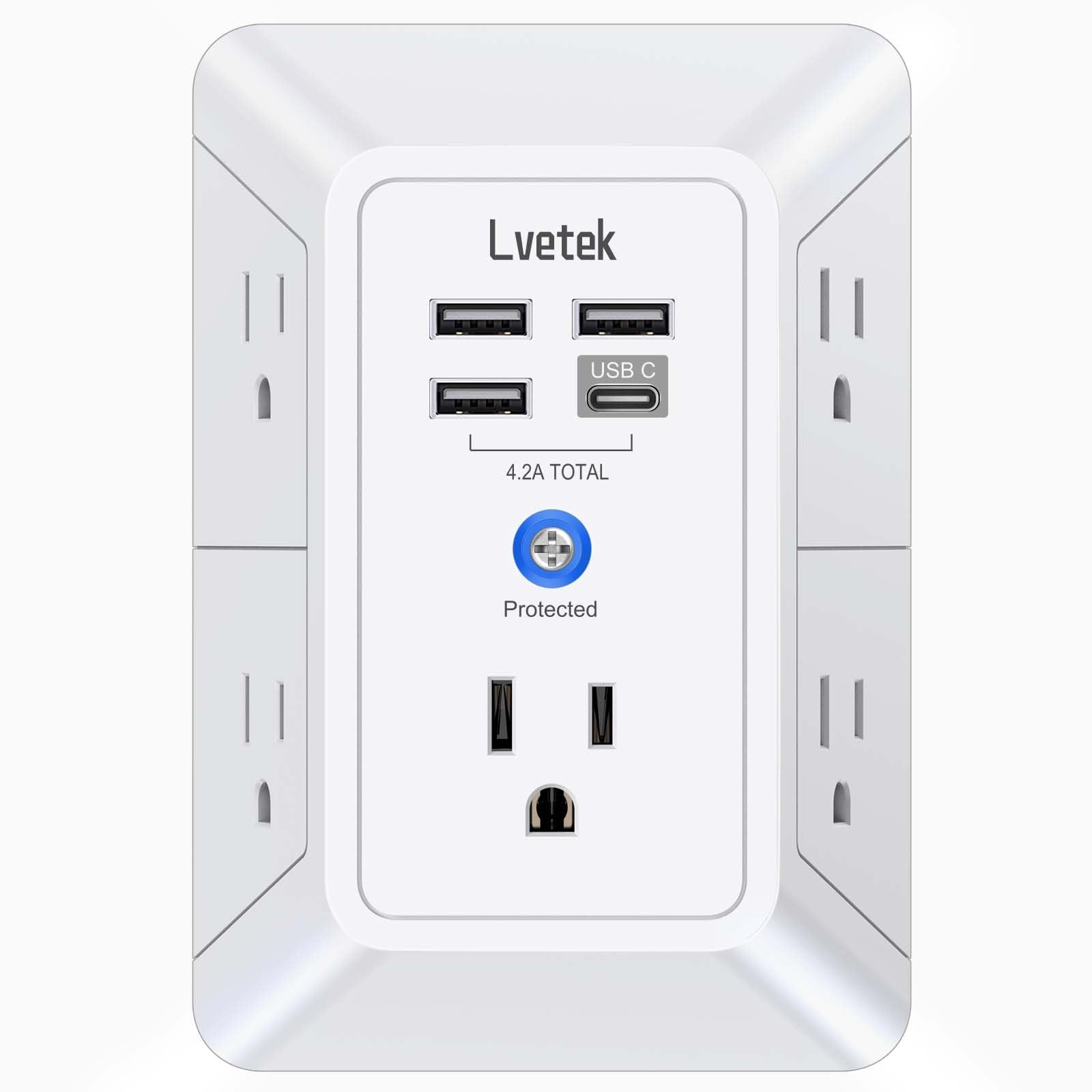 5 Outlet Extender Multi Plug Wall Outlets with 4 USB Charging Ports (1 USB C Out