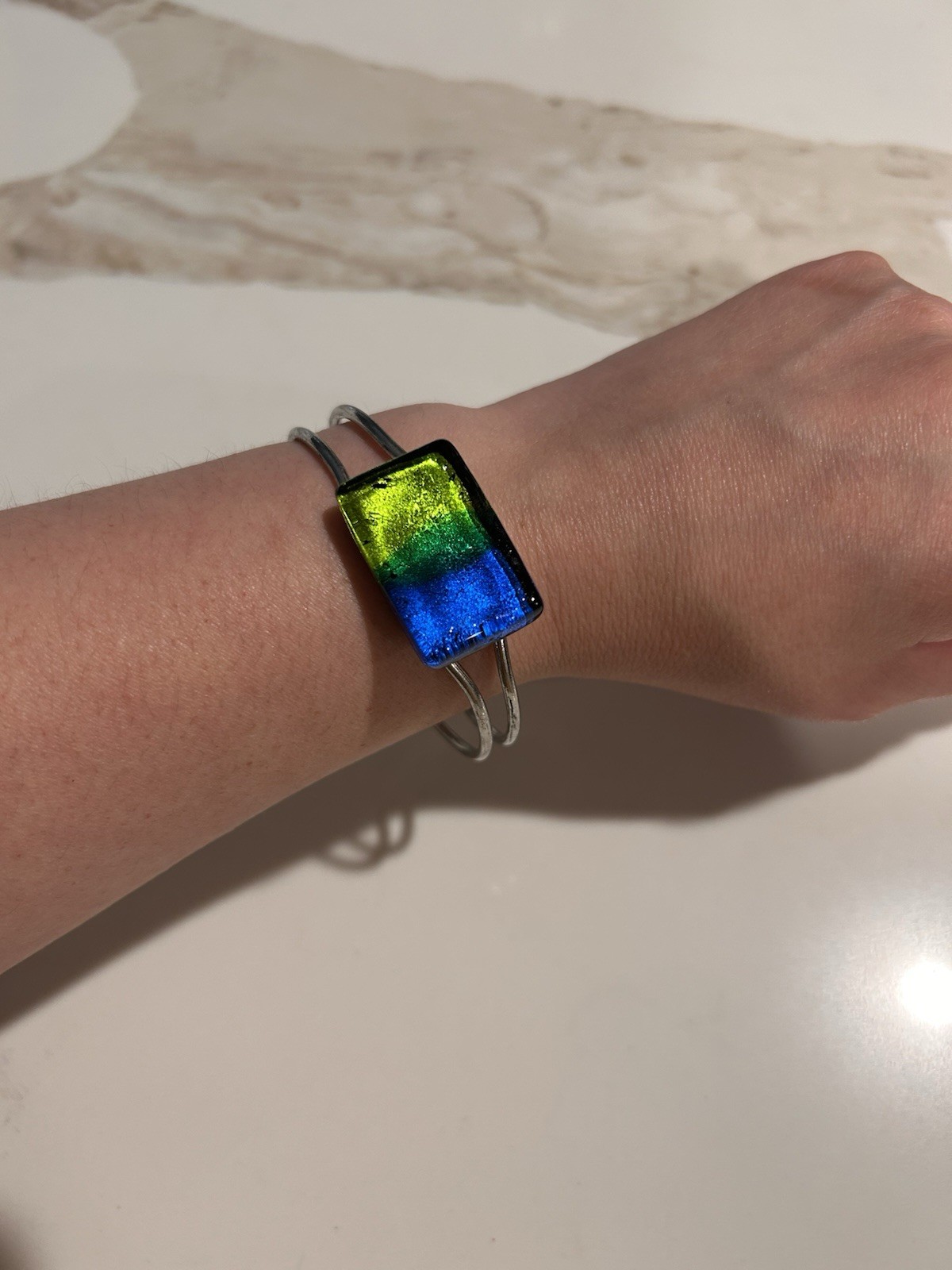 Blue And Green Artisan Glass Silver Tone Bracelet