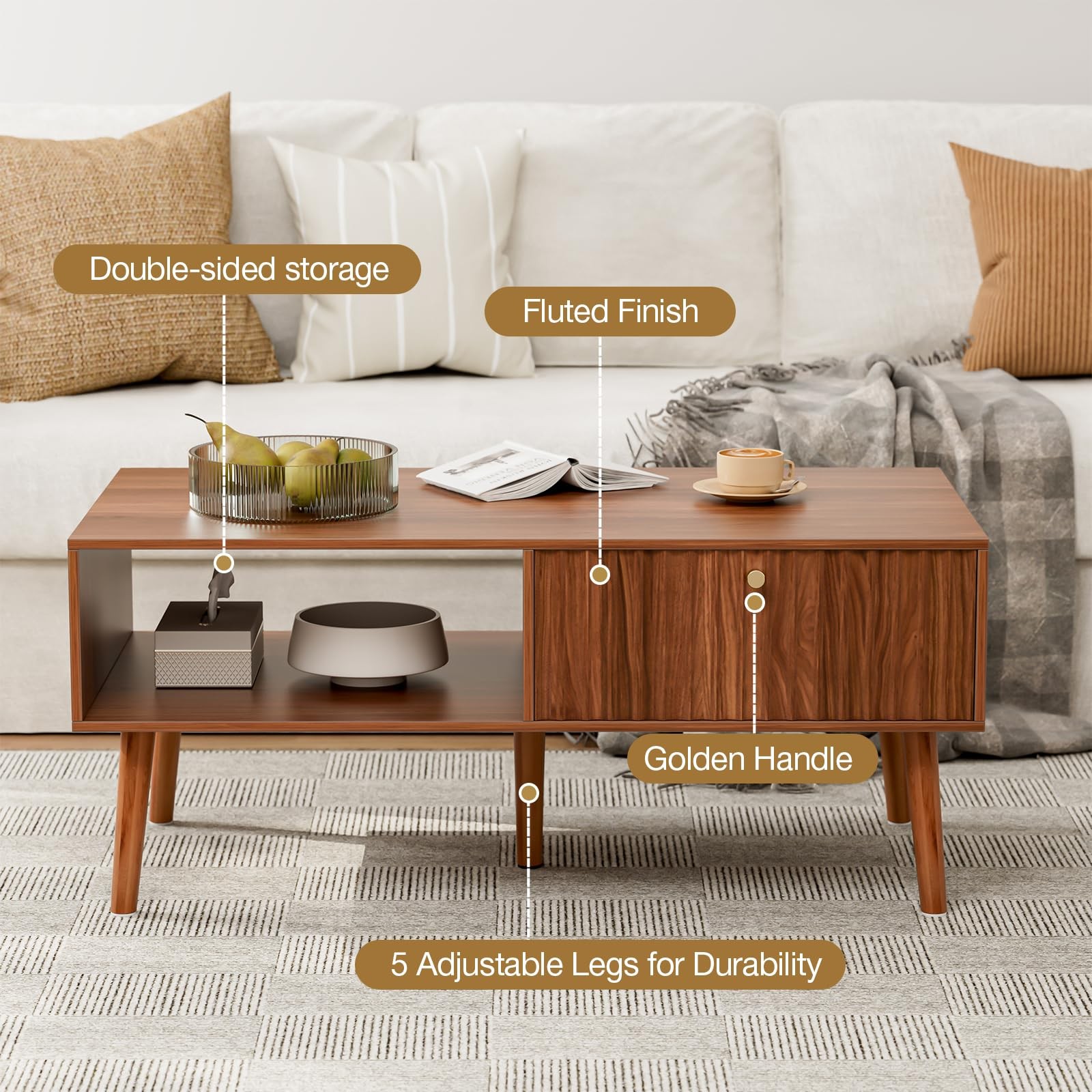 Coffee Table with Fluted Drawer, Mid-Century, Walnut