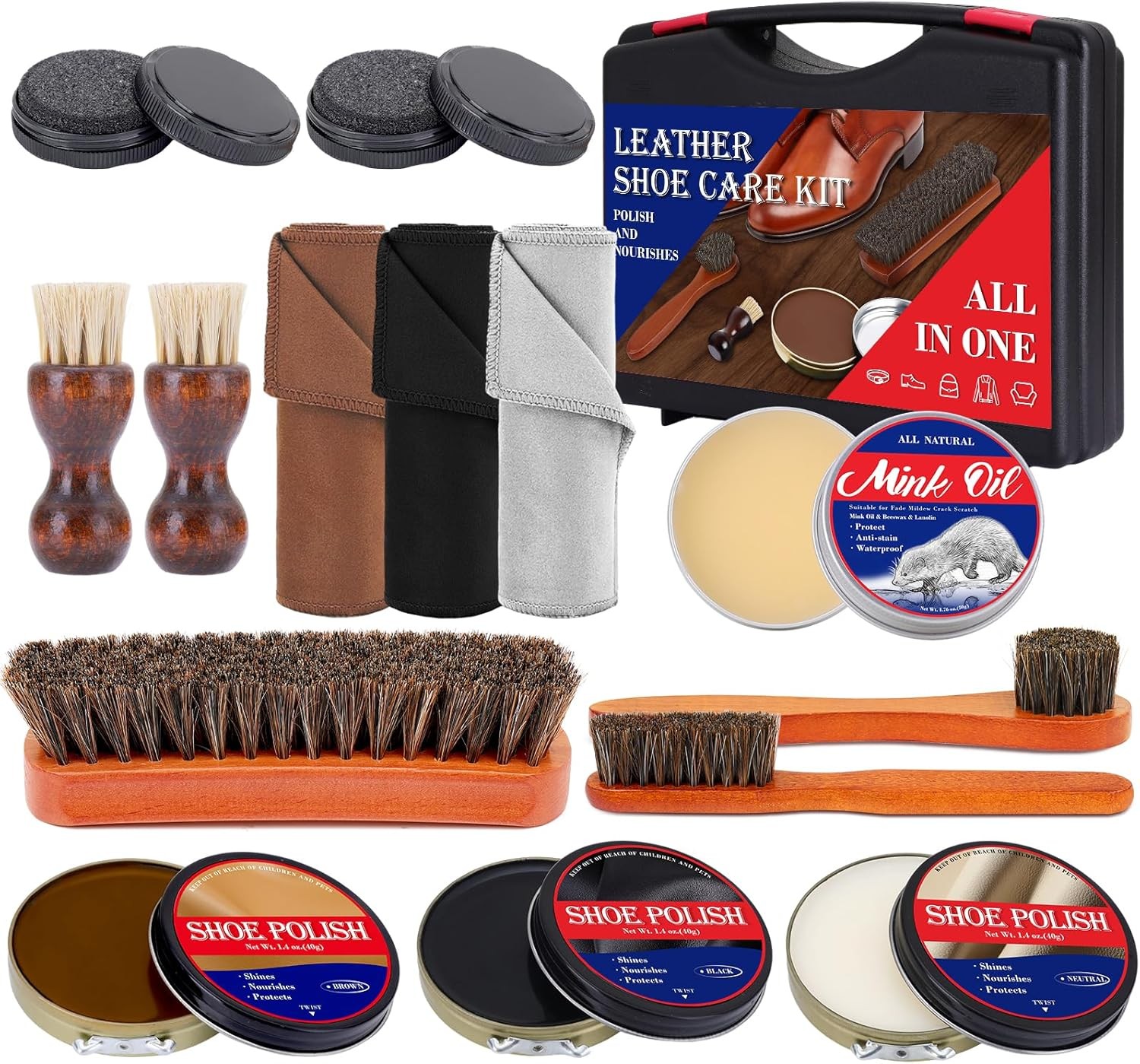 Portable Shoe Polish Kit 15pcs Horsehair Brush Applicator