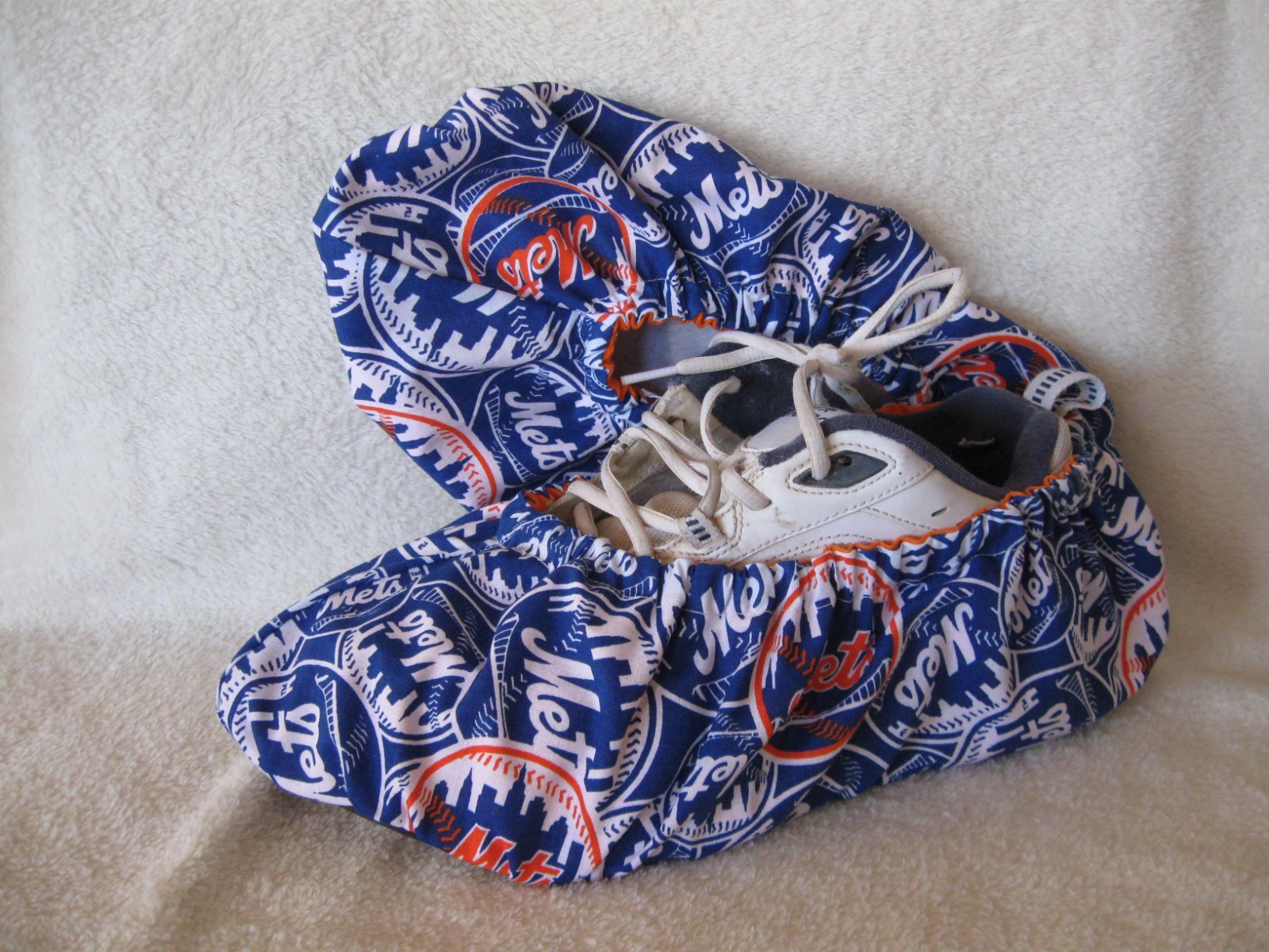 N.Y. Mets bowling  shoe covers. Handmade, Cotton, Lined, vinyl soles. Men's size