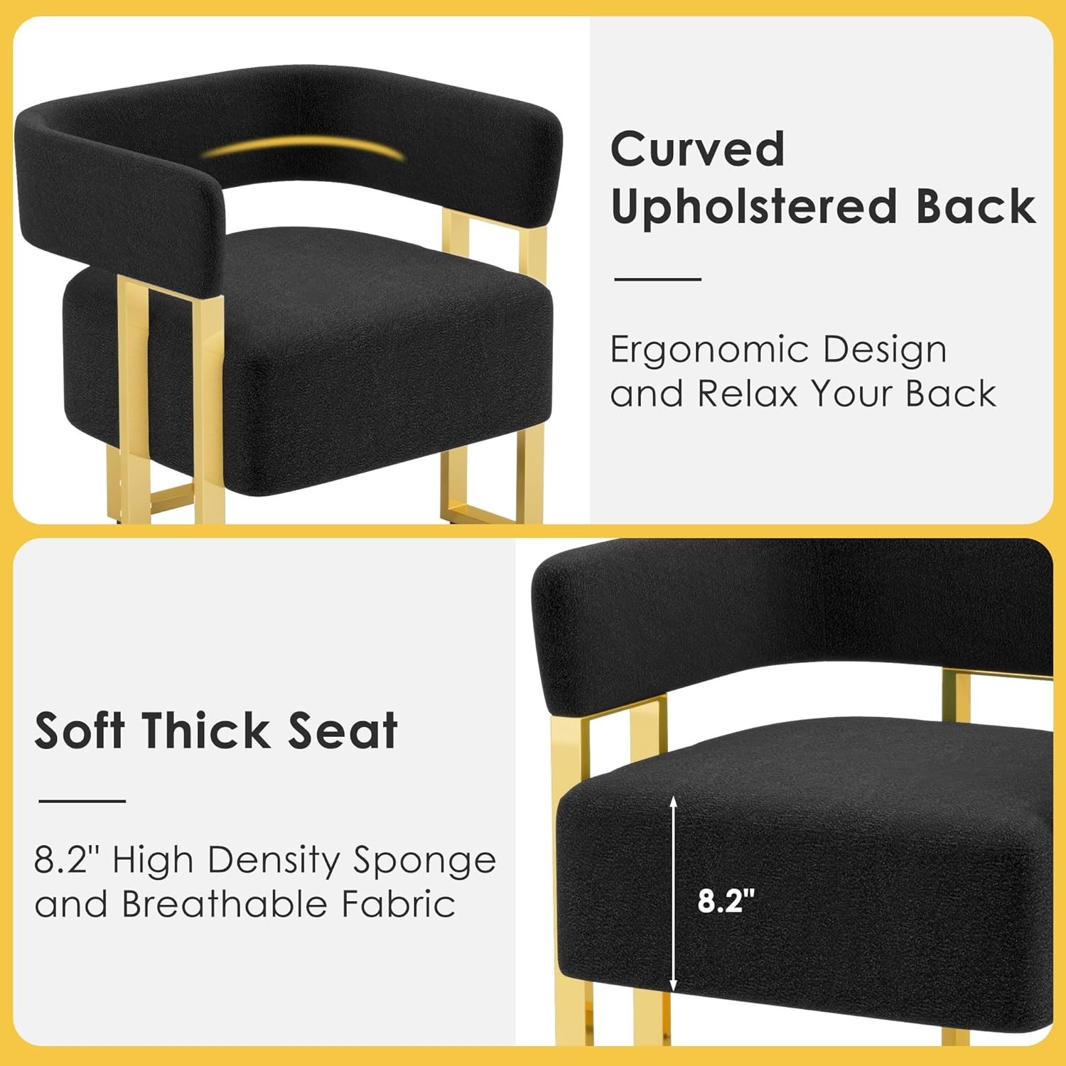 Modern Black and Gold Accent Chair Set of 2 Boucle Bucket Arm Chairs Bedroom