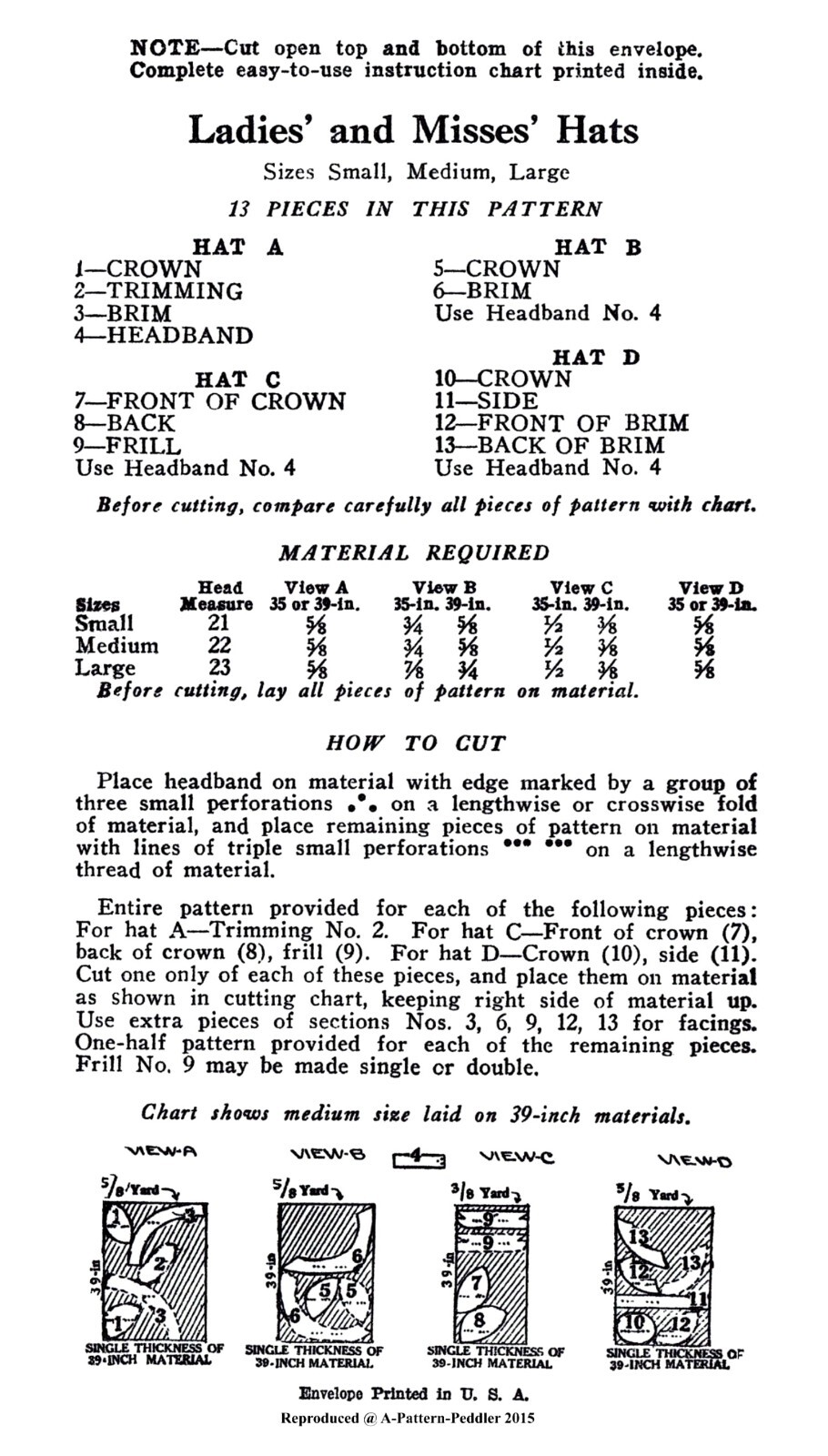 NY Pattern 194 Beret HAT Cap Pattern Un-Printed 1930's