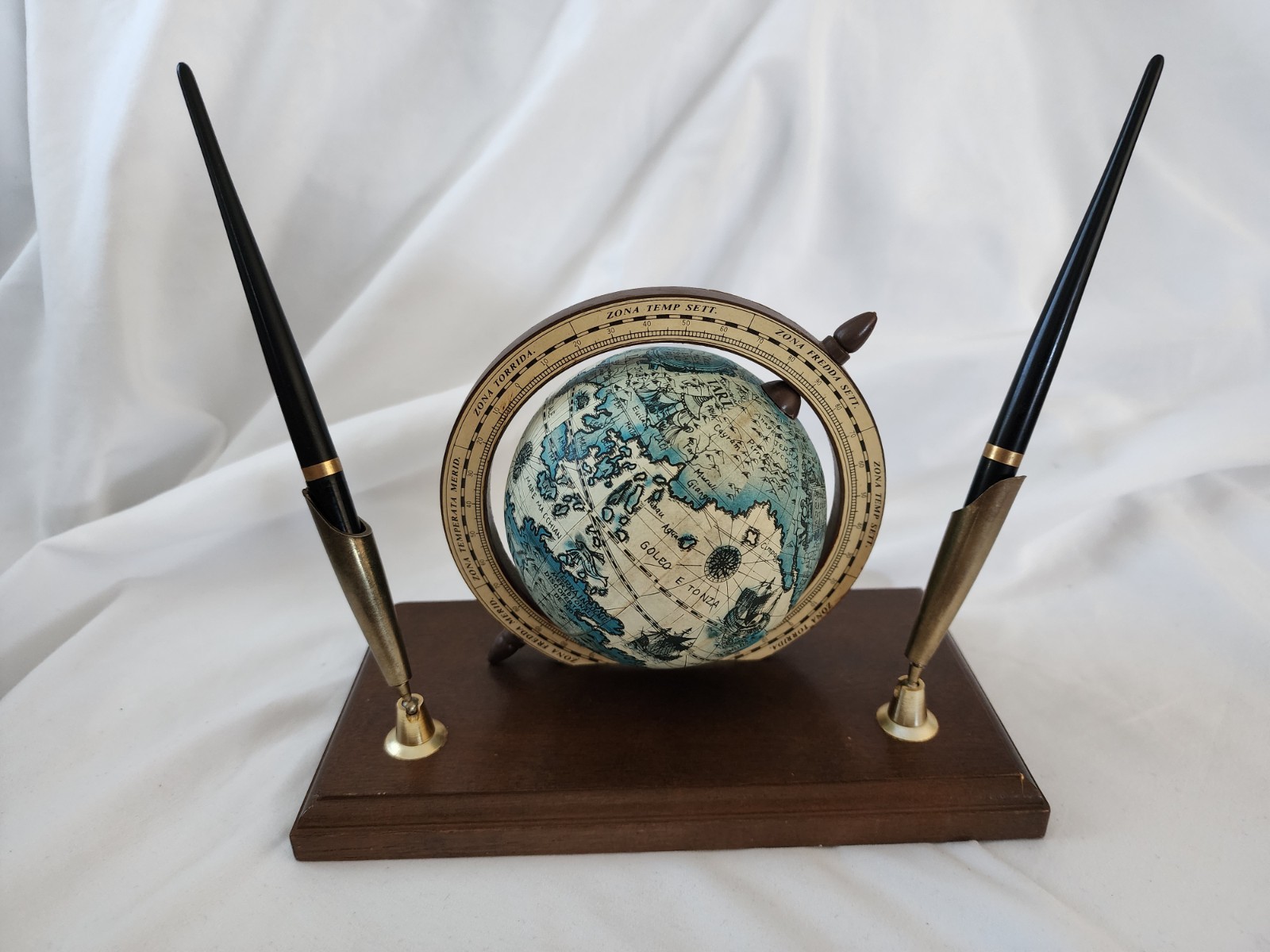 Vintage MCM Old World Rotating Globe Desktop Pen Holder Dark Wood Stand-Two Pens