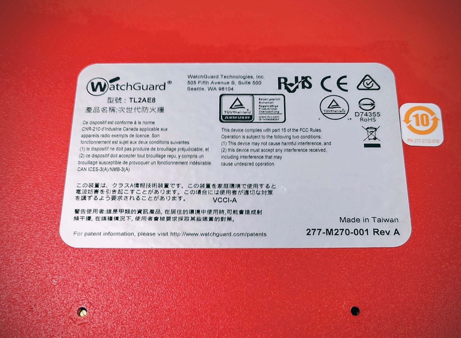 WatchGuard Firebox M270 Firewall Network Security Appliance TL2AE8 Red w/Power