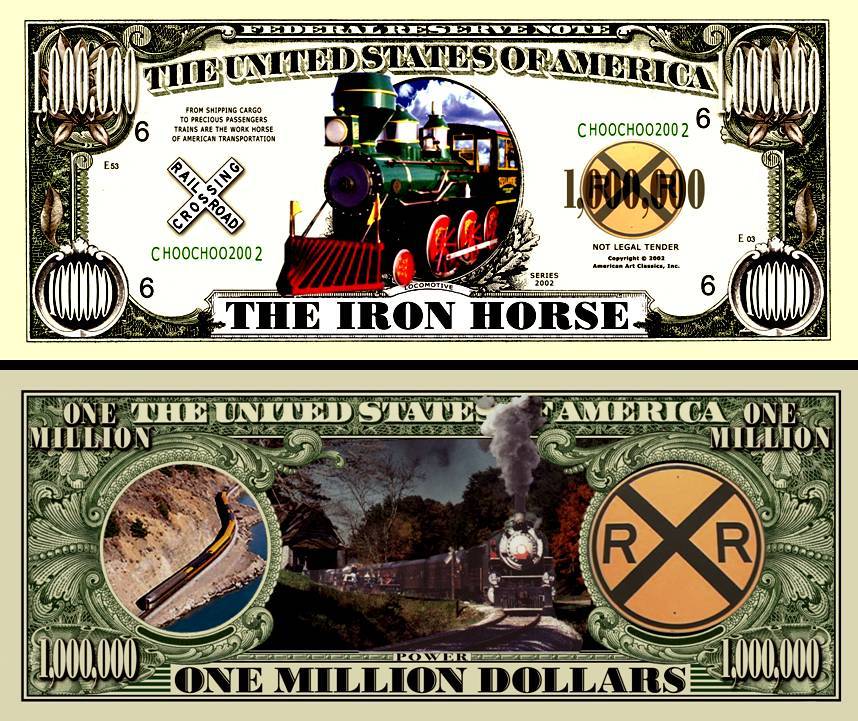 Iron Horse Train Million Dollar Bill Play Funny Money Novelty Note + FREE SLEEVE