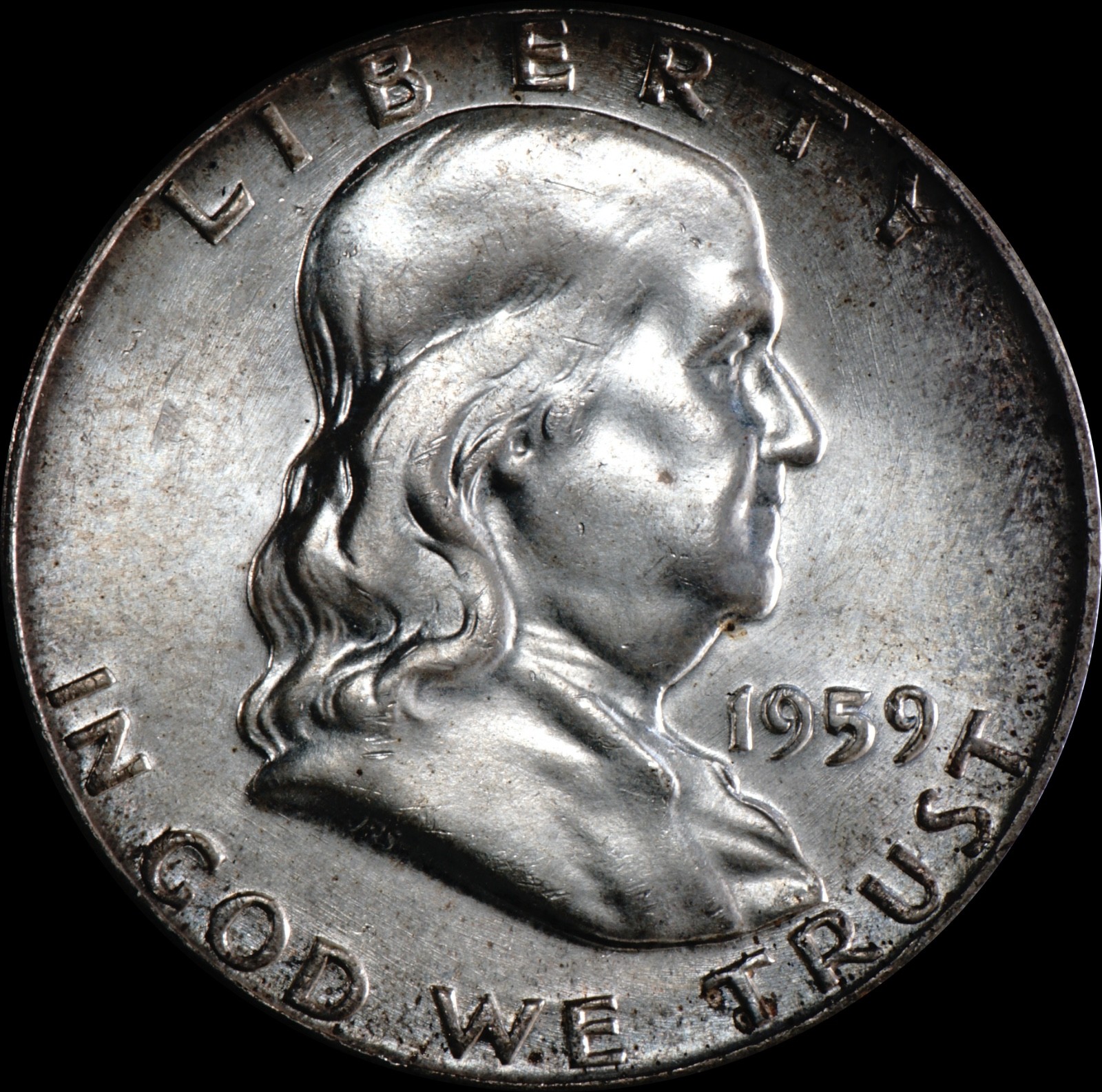1959 Franklin Half Silver Dollar Uncirculated, Type 2, Lite Tone, As Shown  059