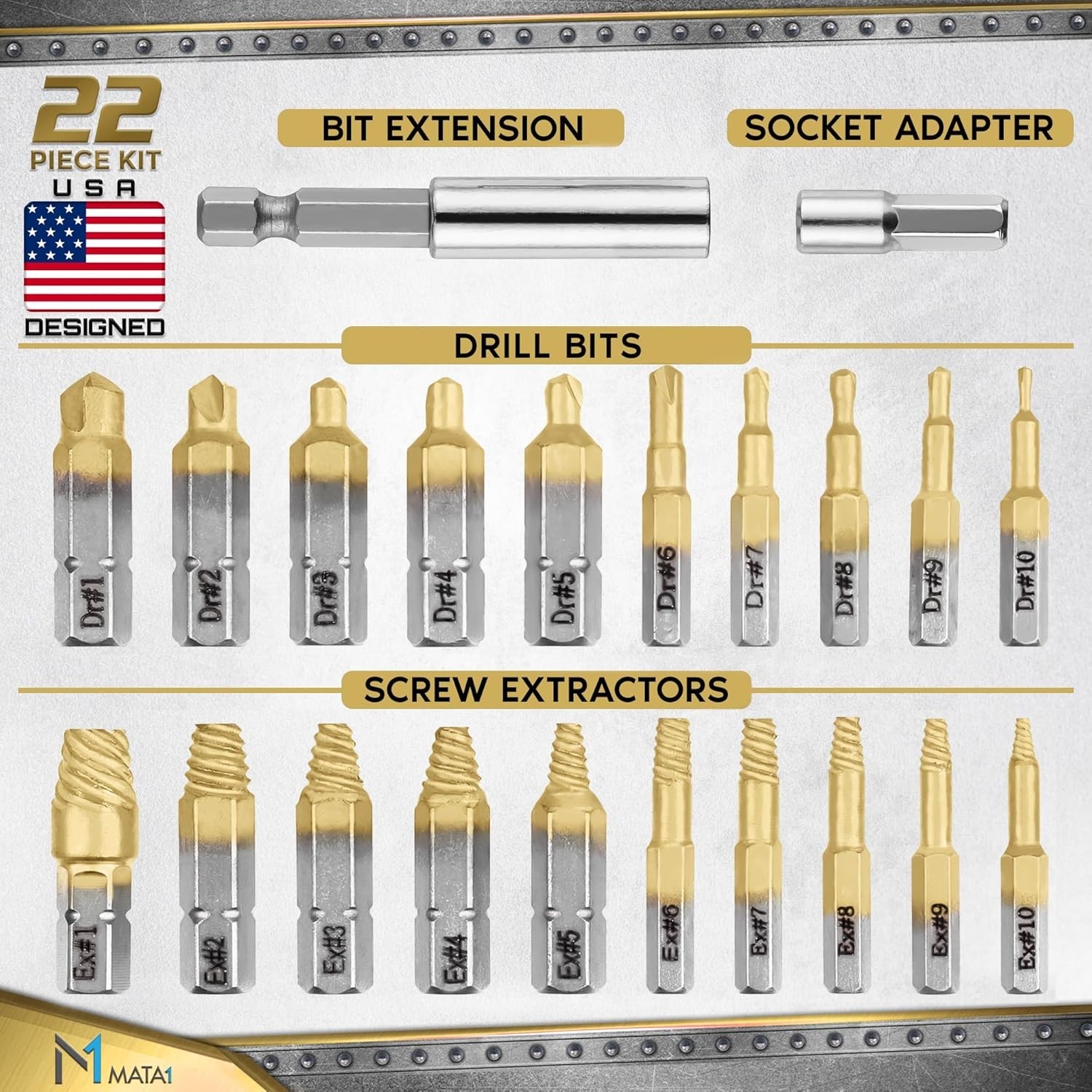 Titanium Screw Extractor Set for Stripped, Broken, Damaged Screws - 22 pc, Si...