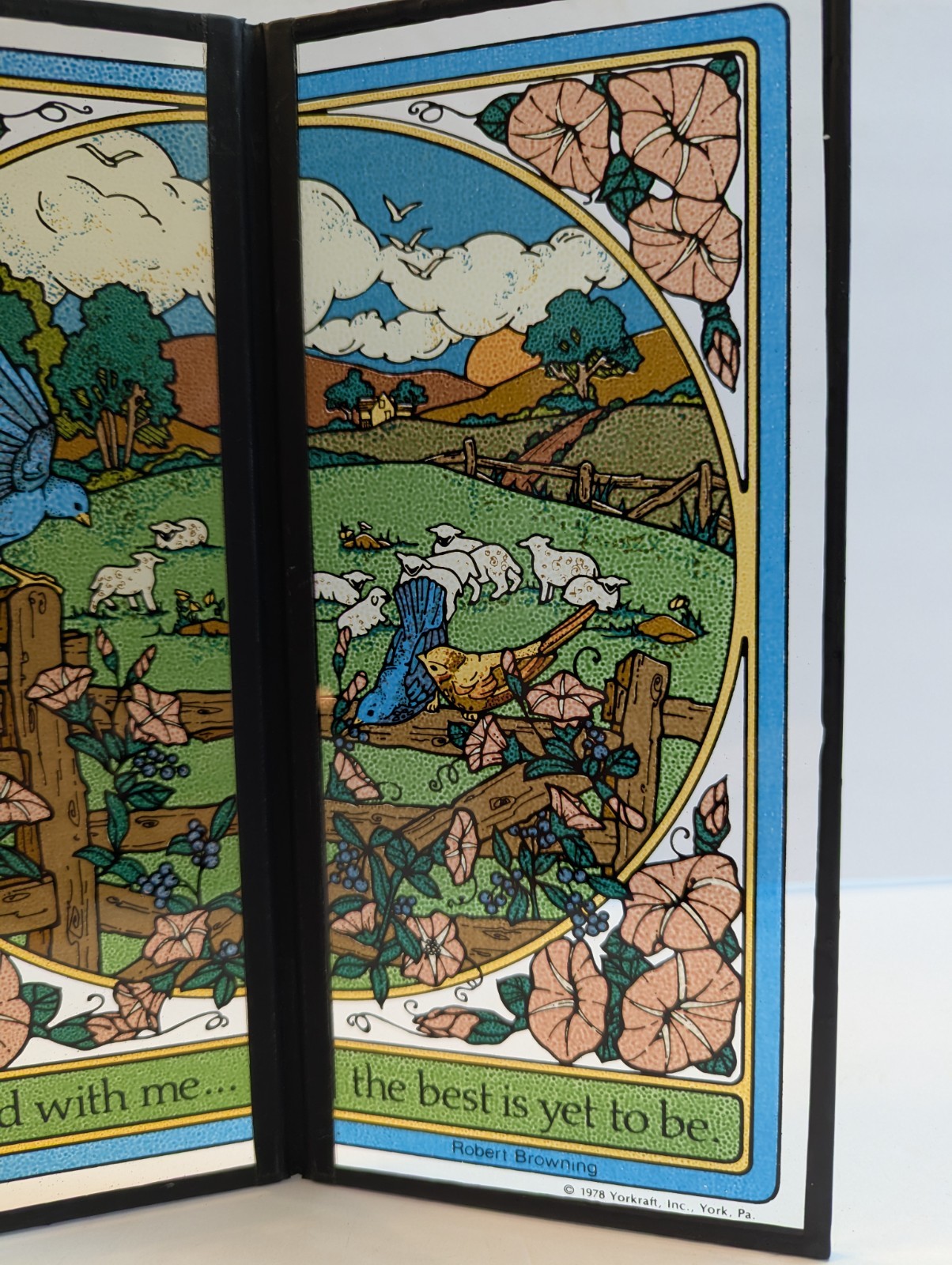 VTG 1978 Yorkraft Seriglass Two-Panel Folding Suncatcher Robert Browning Quote