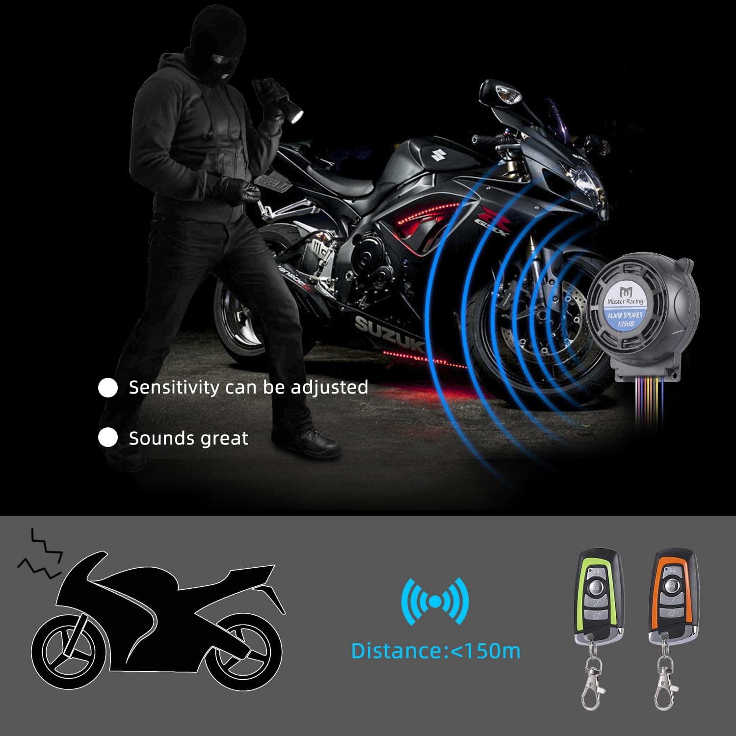 Motorcycle Remote Control Anti-Theft Alarm has Adjustable Sensitivity, Start ...