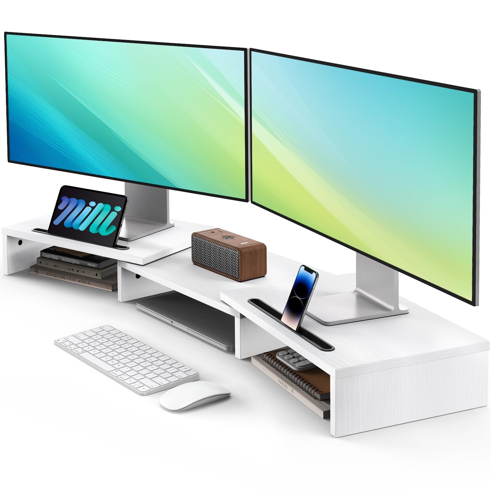 Dual Monitor Stand Riser 3 Shelf Adjustable Length Angle Desk Organizer White