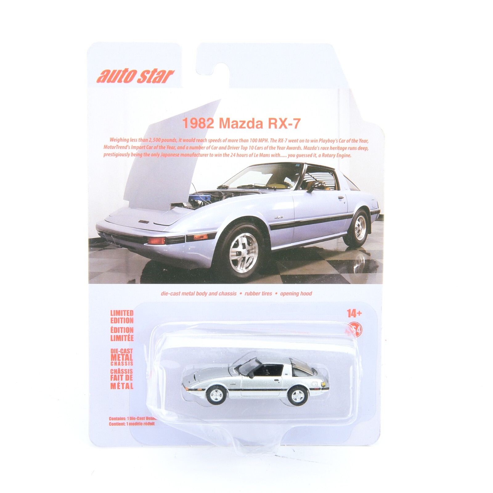 Auto Star 1982 Mazda RX-7 Silver 1/64 Diecast Car Toys Opening Hood Rubber Tires