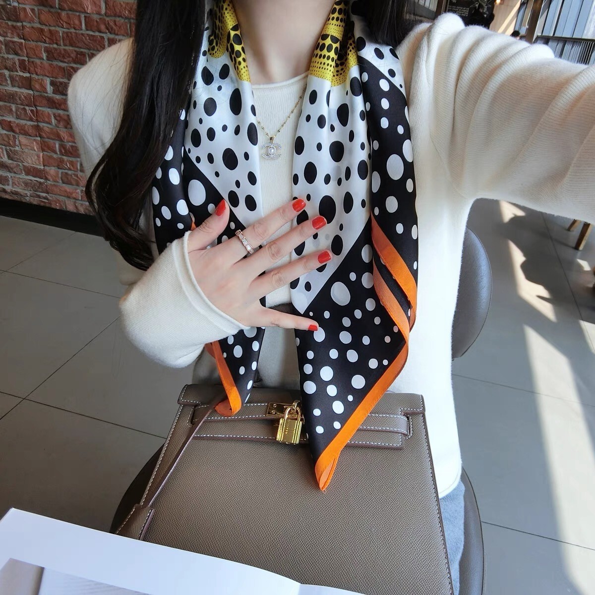100% Silk Scarf Women Fashion Pumpkin Polka Dots Kerchief Square Bandana Wrap 68