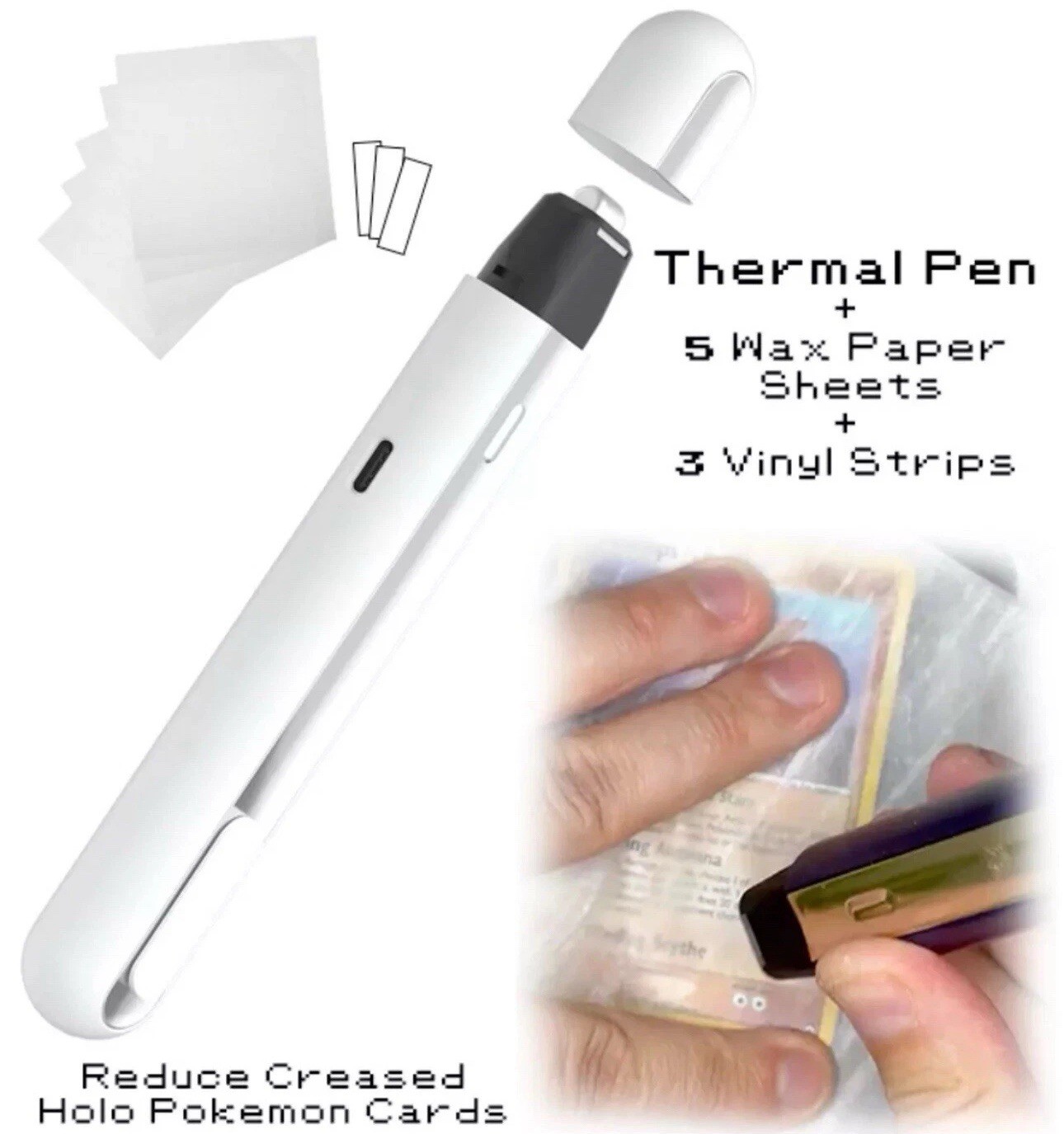 Pokemon Card Crease Reducer Thermal Pen + 5 Wax  paper Cutting/Sealing Tool