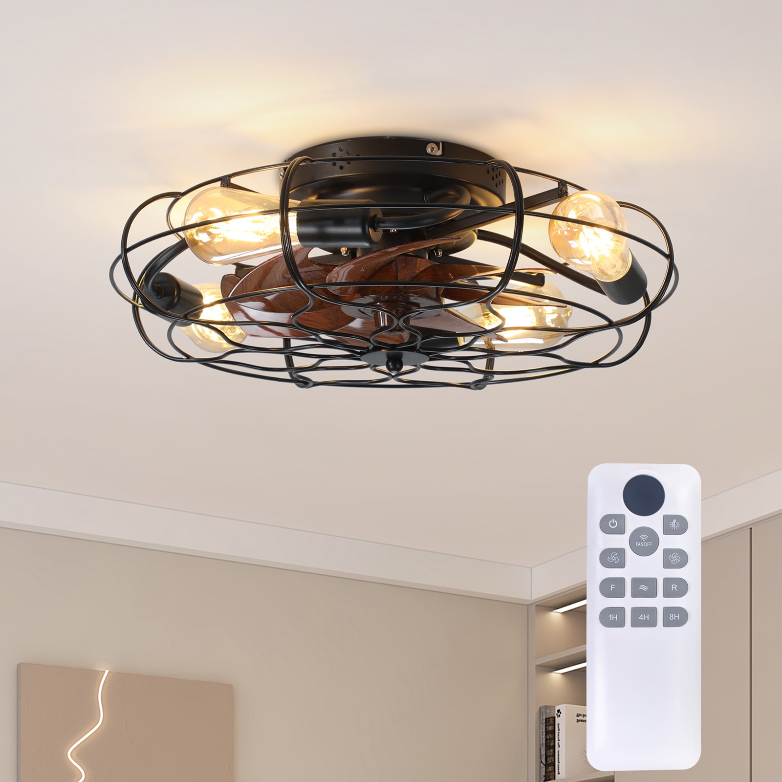 19.7" Industrial Caged Ceiling Fan with Light, 6-Speed, Remote, Timer