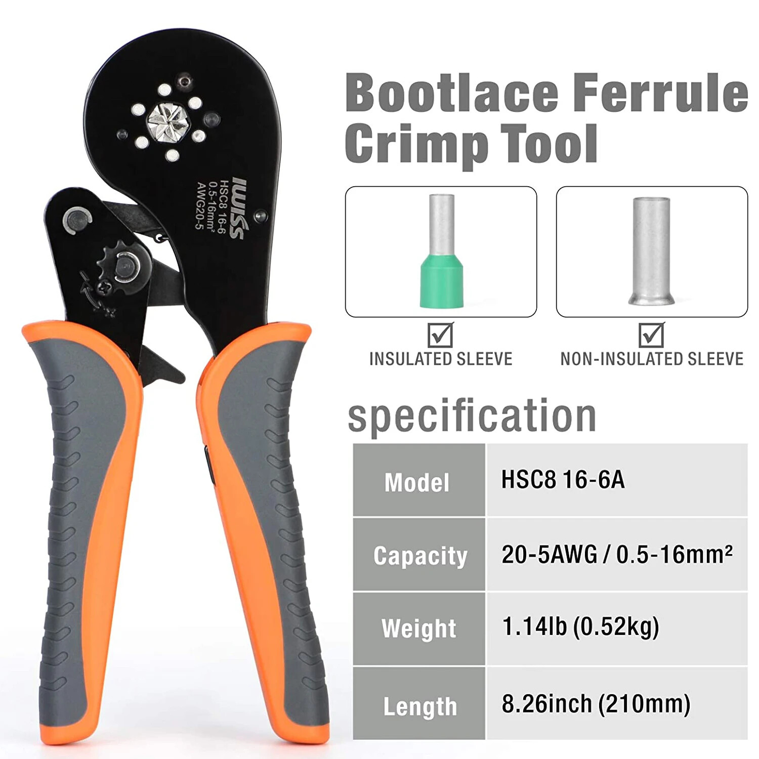 IWISS HSC8 16-6 Self-adjustable Crimping Pliers for AWG20-5 Bootlace End-sleeves