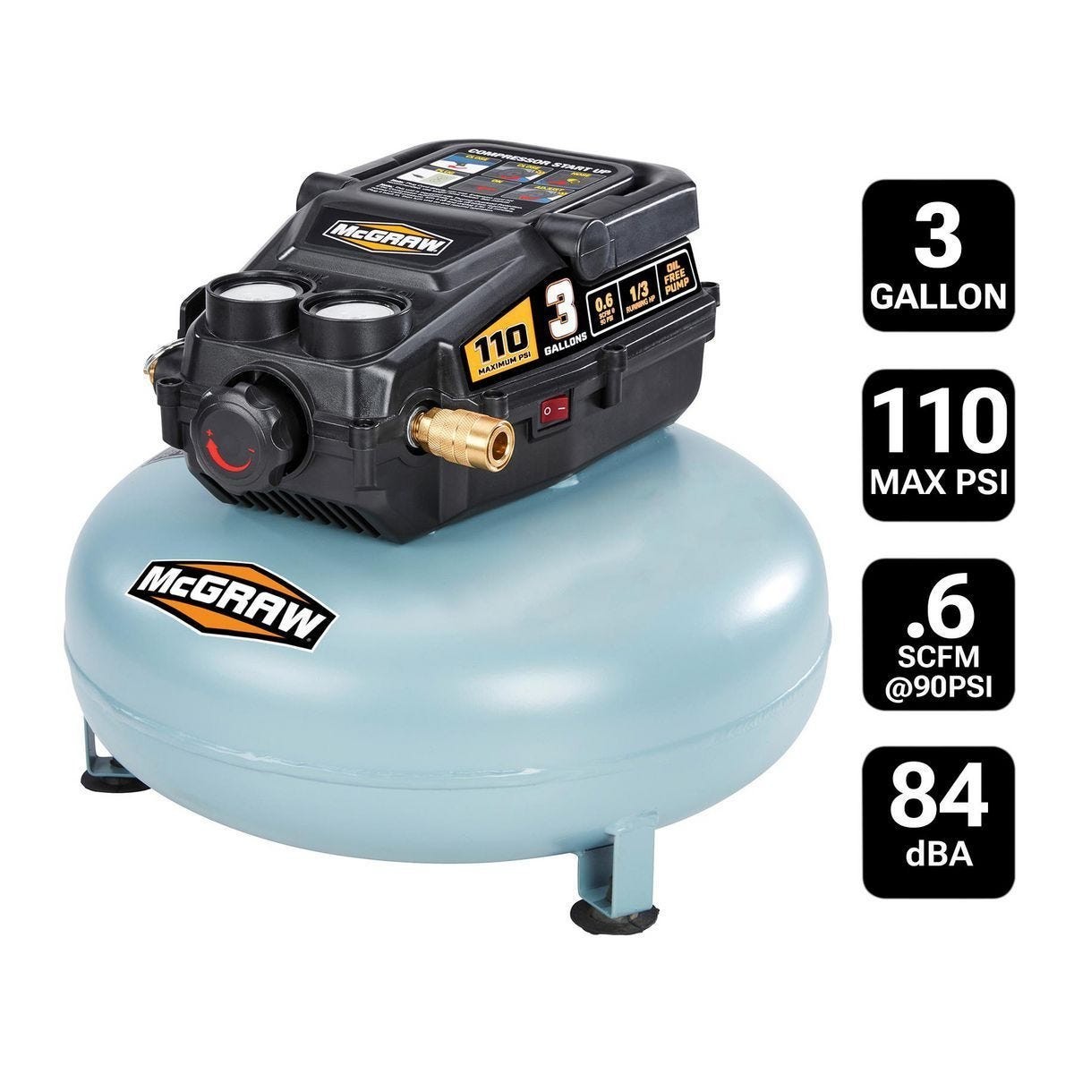 MCGRAW 3 Gallon 110 PSI Oil-Free Light-Duty Pancake Air Compressor