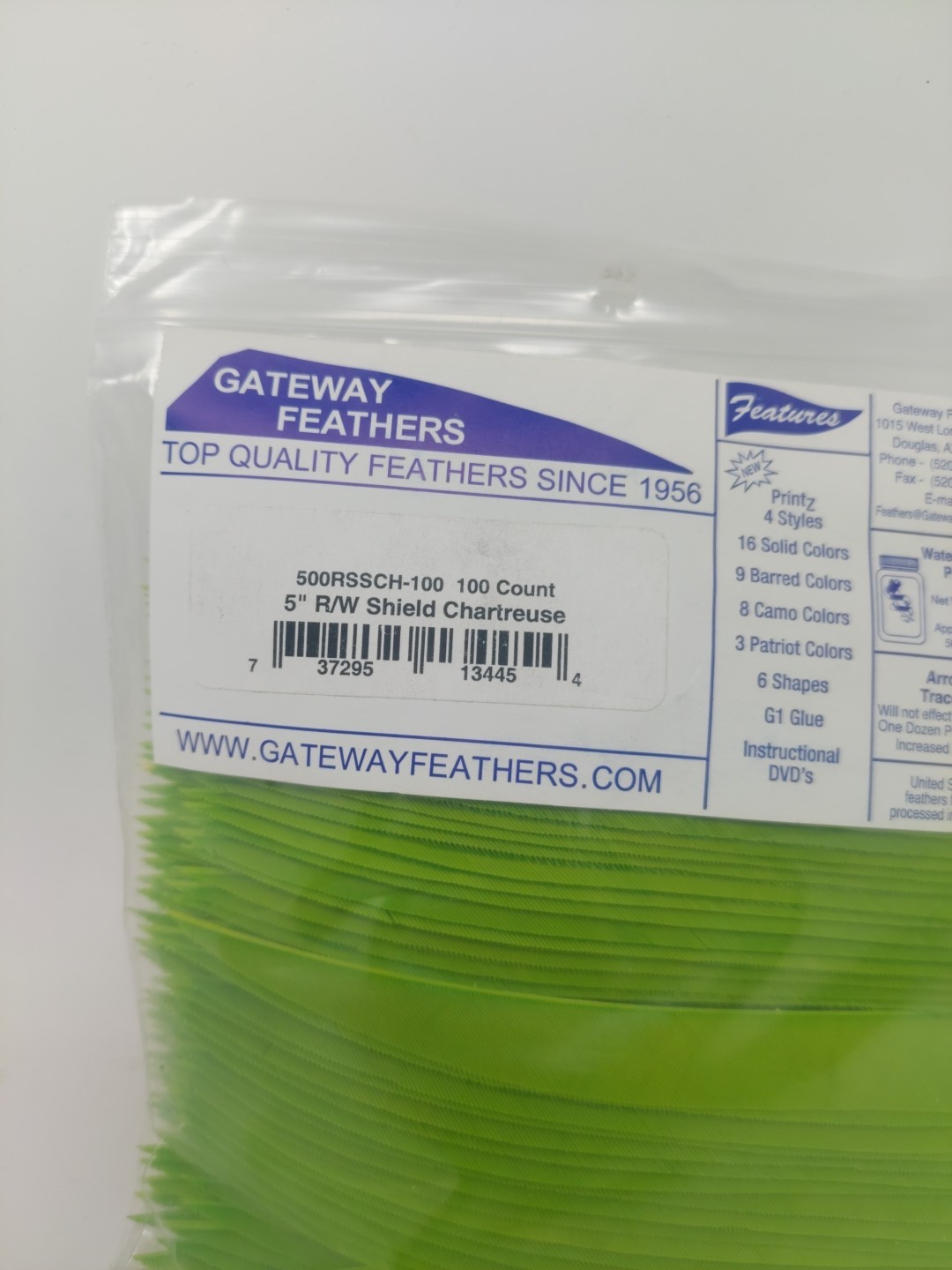 100pk Gateway Feathers 5" Right Wing: Shield Chartreuse Green 500RSSCH-100