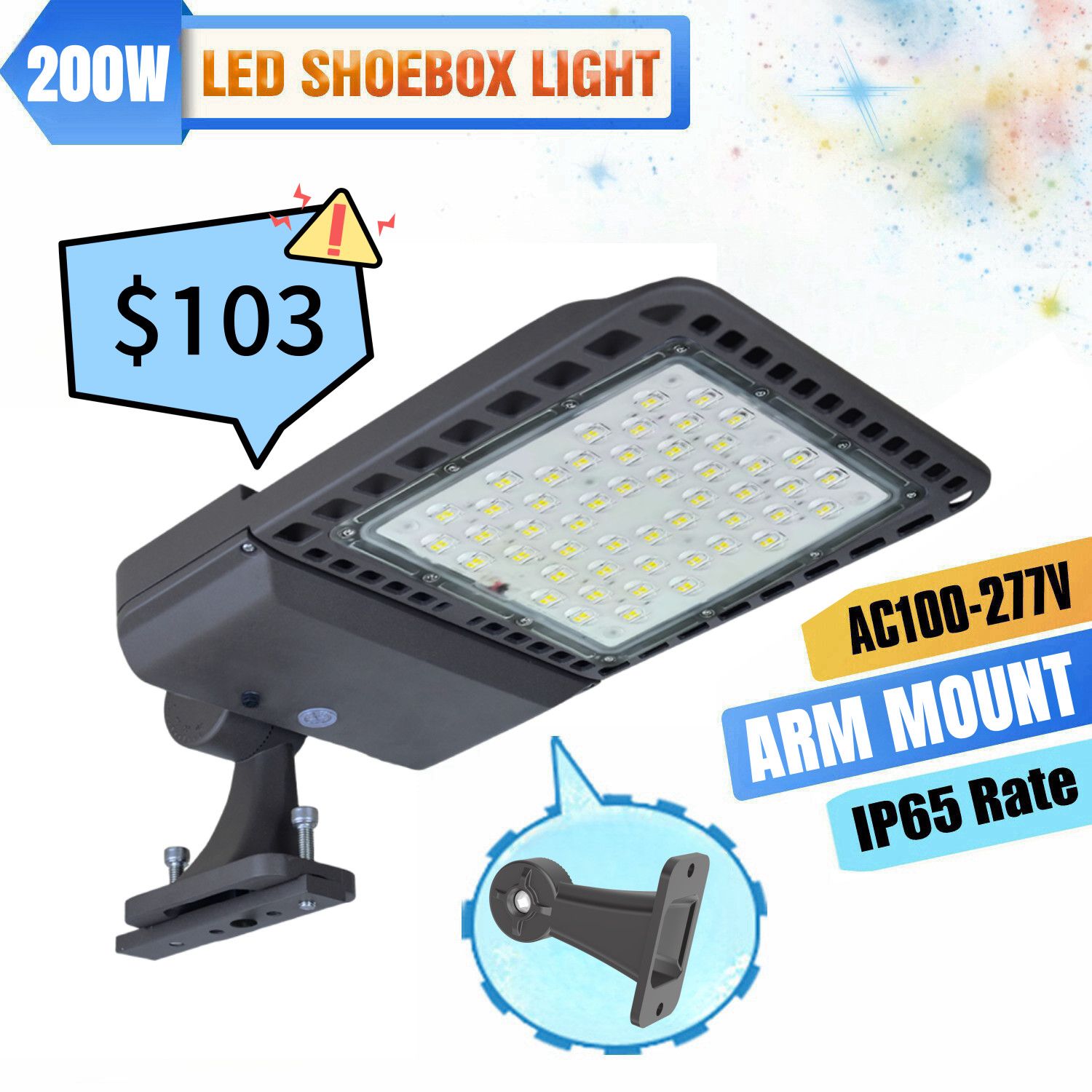 200W LED Parking Lot Lights Shoebox Light with Dusk to Dawn Photocell Arm Mount