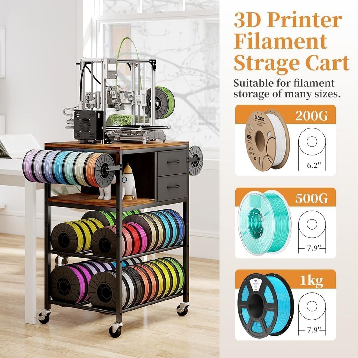 3D Printer Stand with Filaments Storage, Rolling 3D Printer Table Filament St...